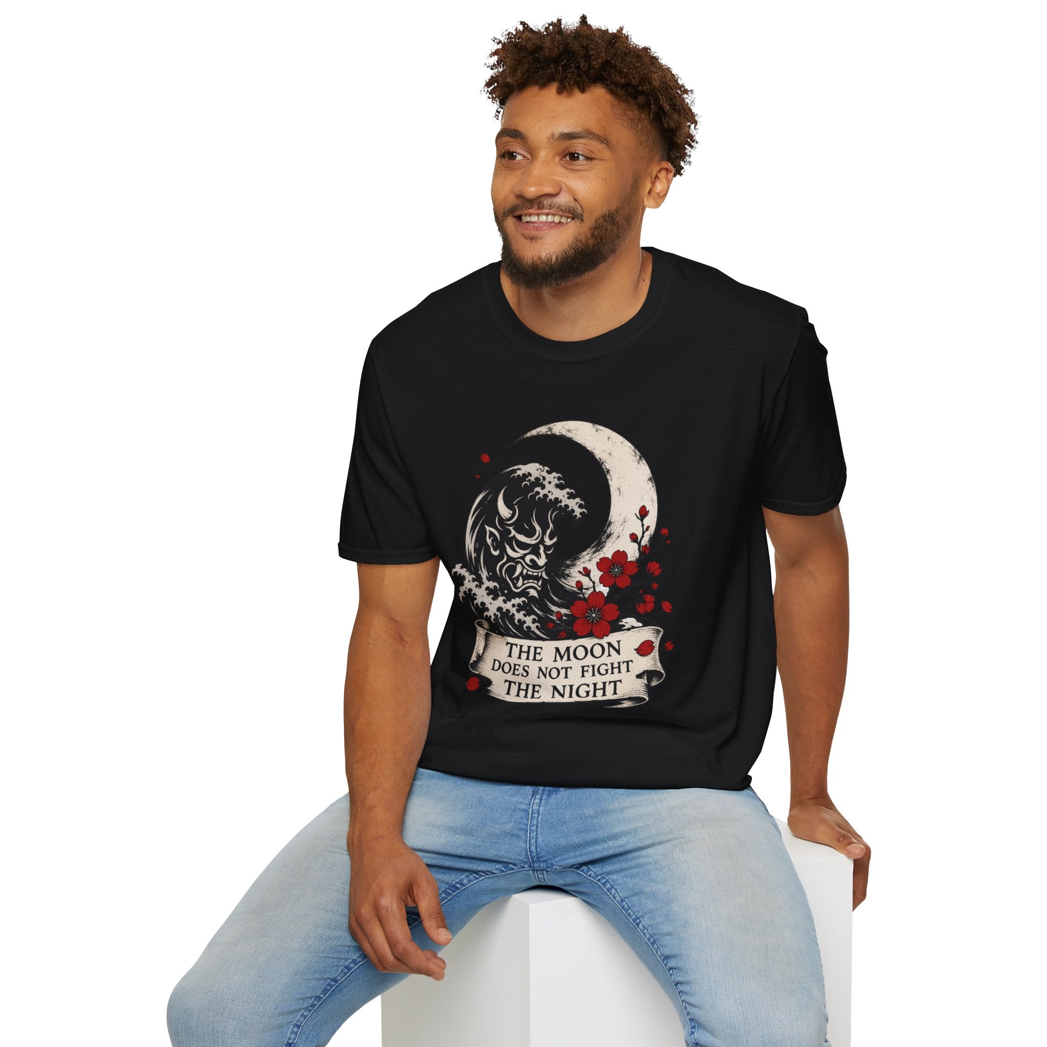 Moon & Wave Graphic T-Shirt — “The Moon Does Not Fight The Night” Inspirational Tee