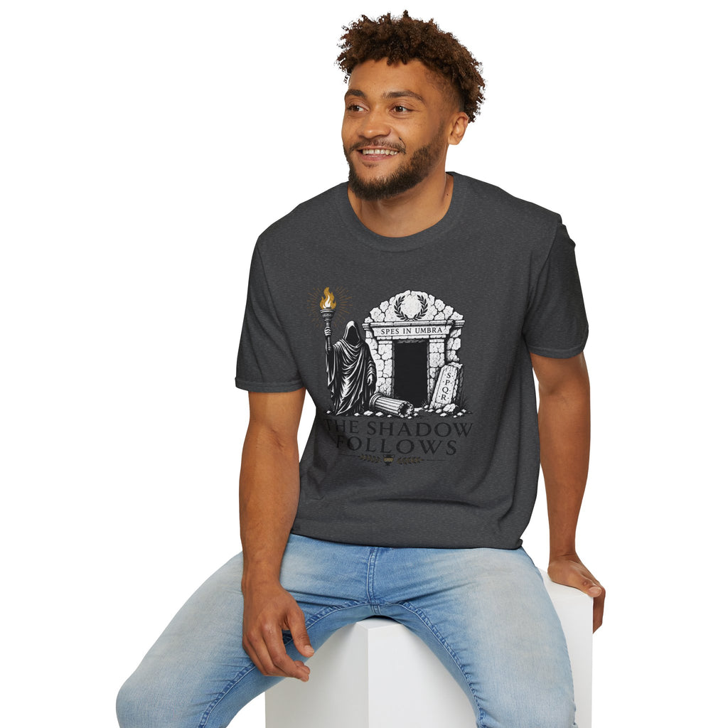 Gothic 'The Shadow Follows' T-Shirt — Cloaked Figure & Tombstone Design