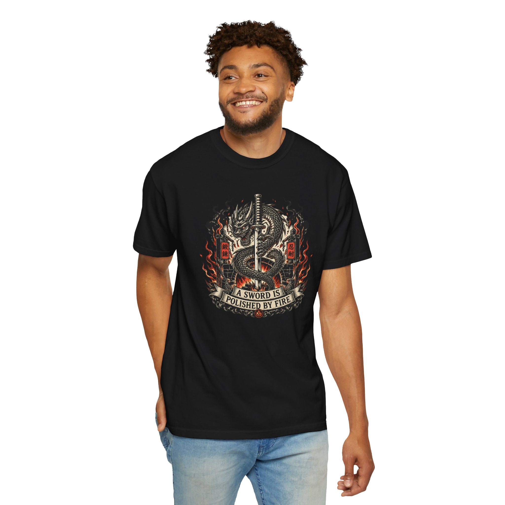 Sword & Flame Graphic T-Shirt — "A Sword Is Polished By Fire"