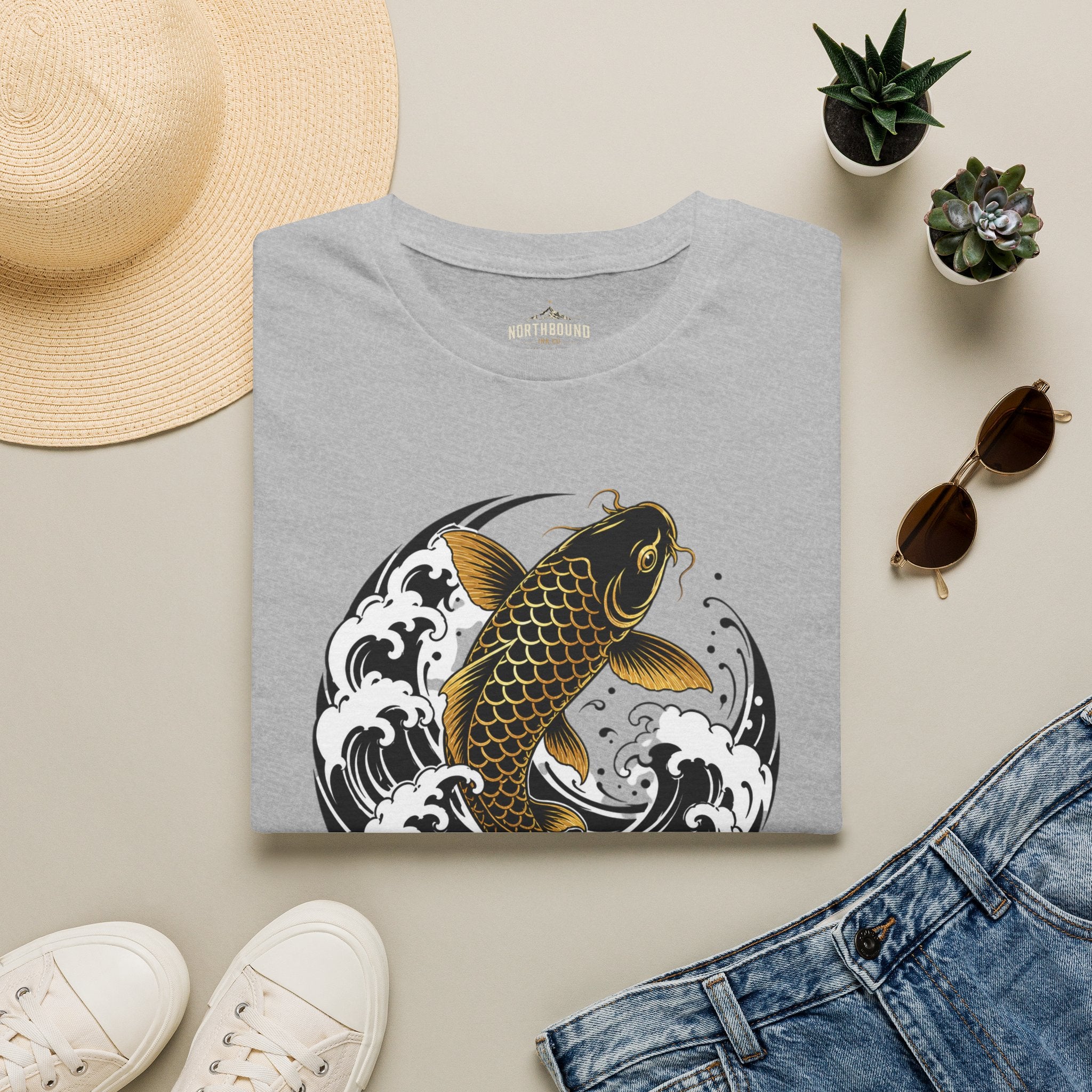 Koi Fish T-Shirt — Black & Gold Japanese Wave Graphic