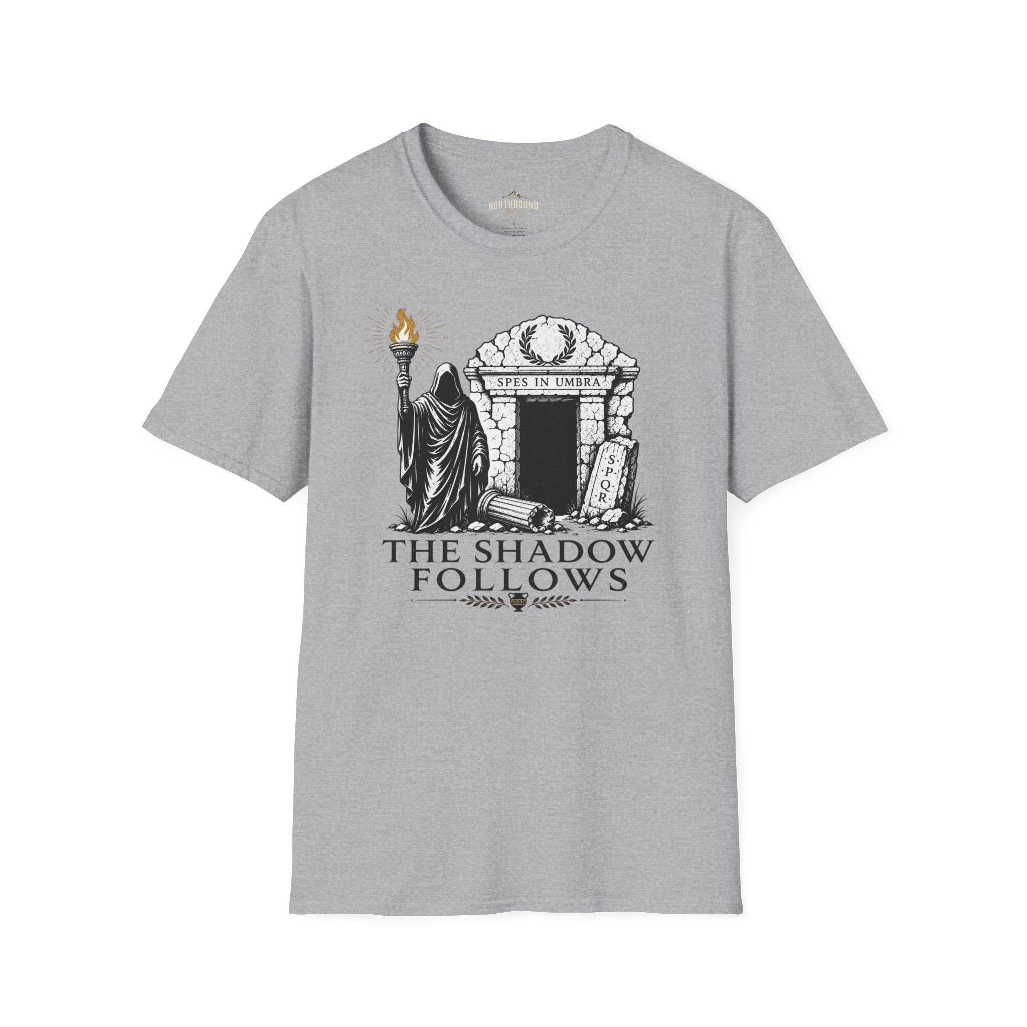 Gothic 'The Shadow Follows' T-Shirt — Cloaked Figure & Tombstone Design