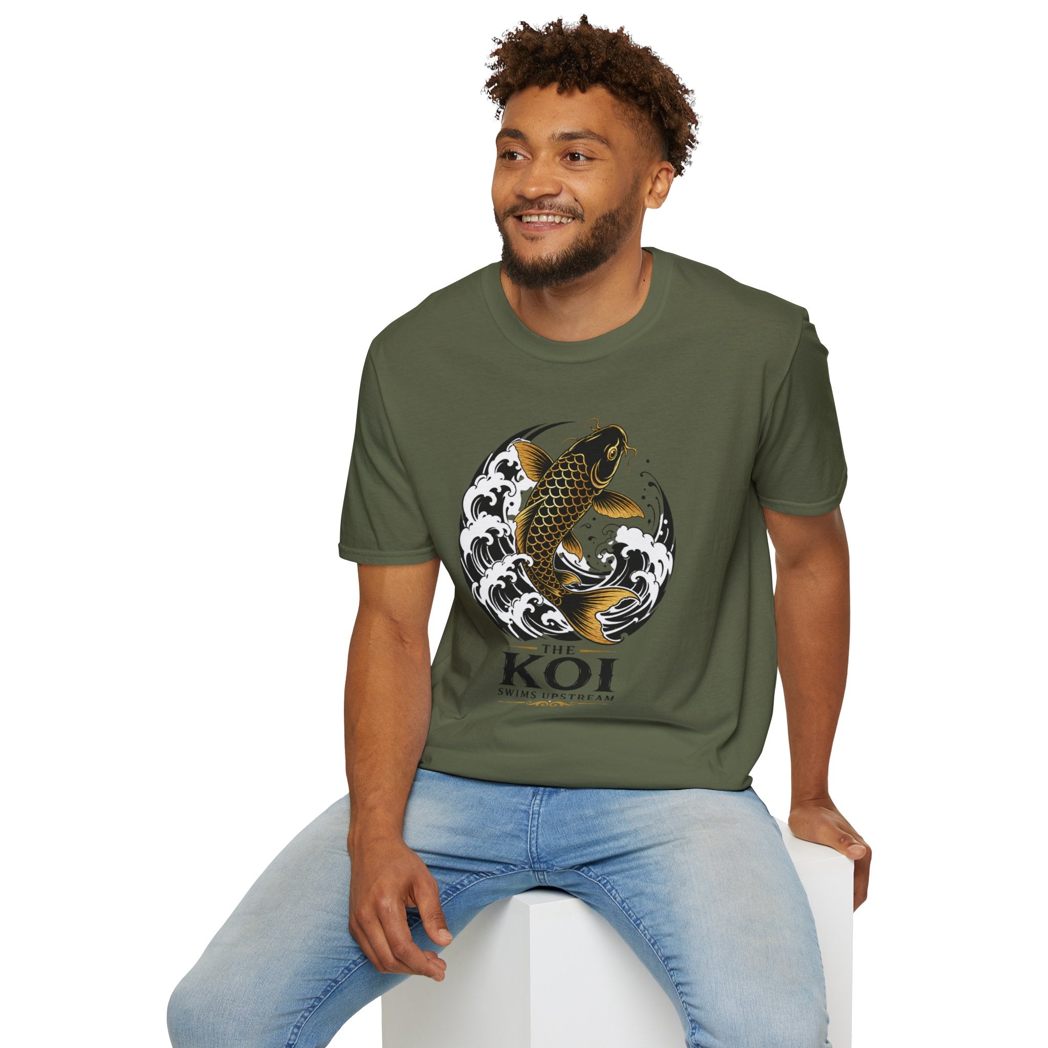 Koi Fish T-Shirt — Black & Gold Japanese Wave Graphic
