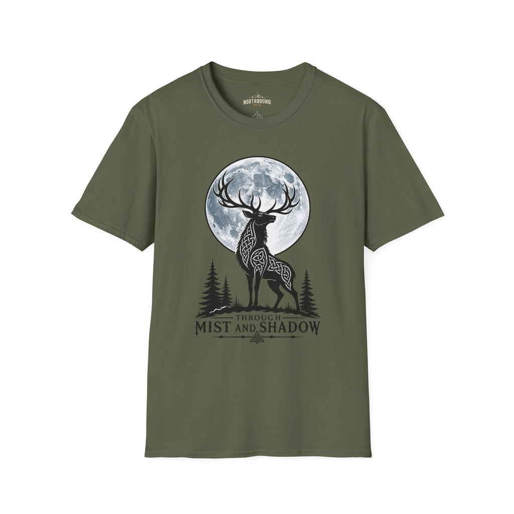 Deer Moon T‑Shirt — 'Mist and Shadow' Woodland Stag Graphic Tee
