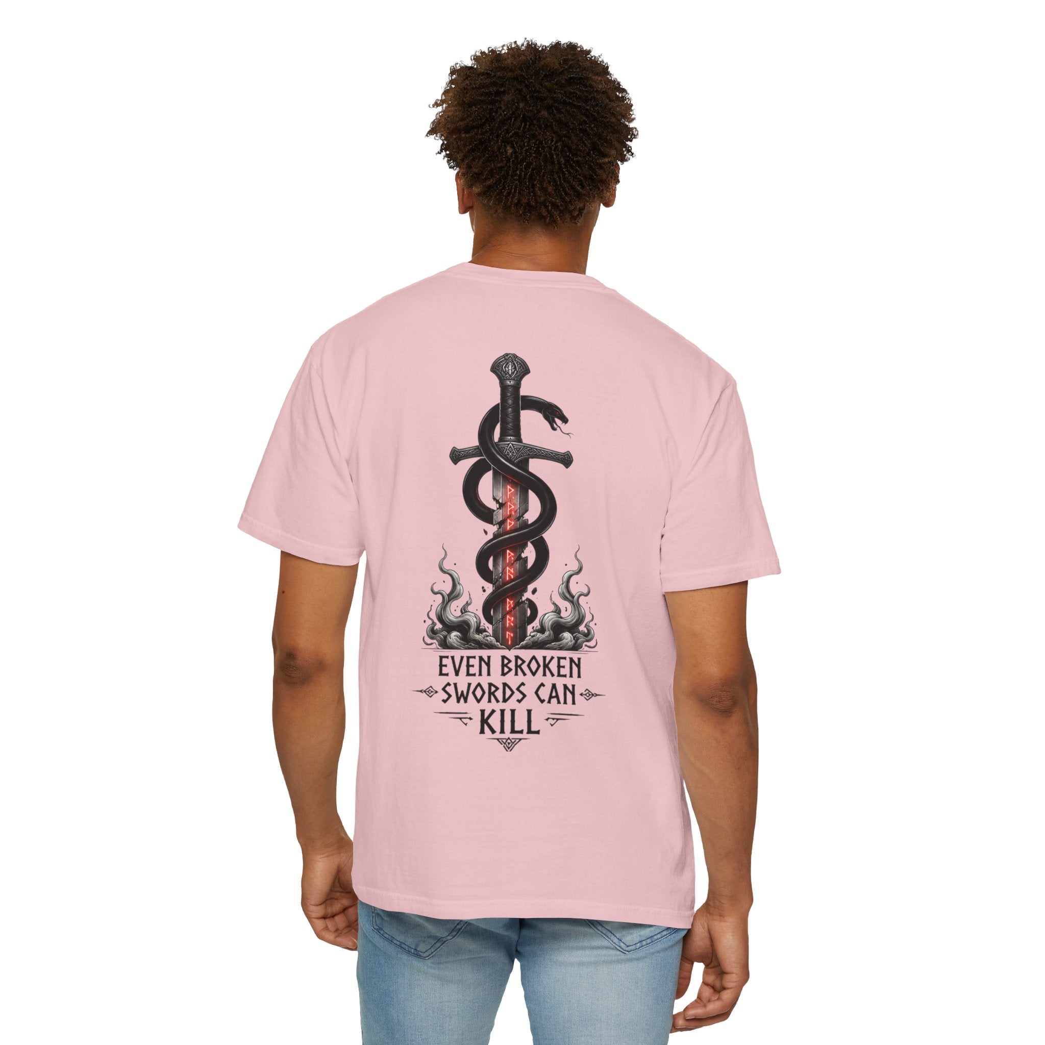 Graphic T-Shirt — 'Even Broken Swords Can Kill' Snake & Sword Back Print