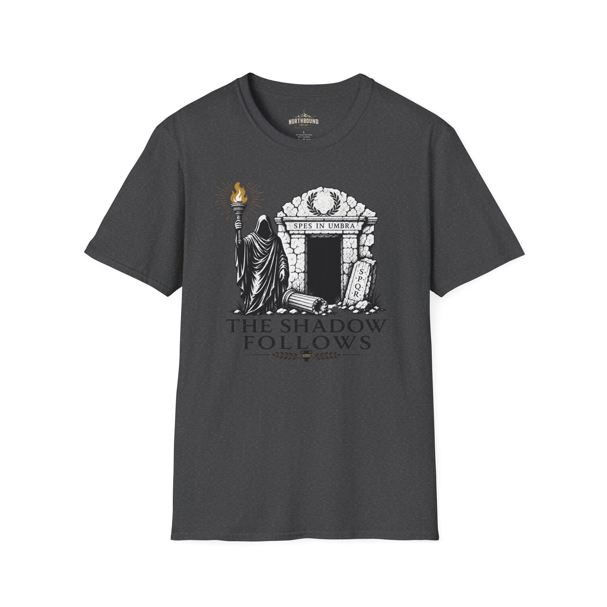 Gothic 'The Shadow Follows' T-Shirt — Cloaked Figure & Tombstone Design