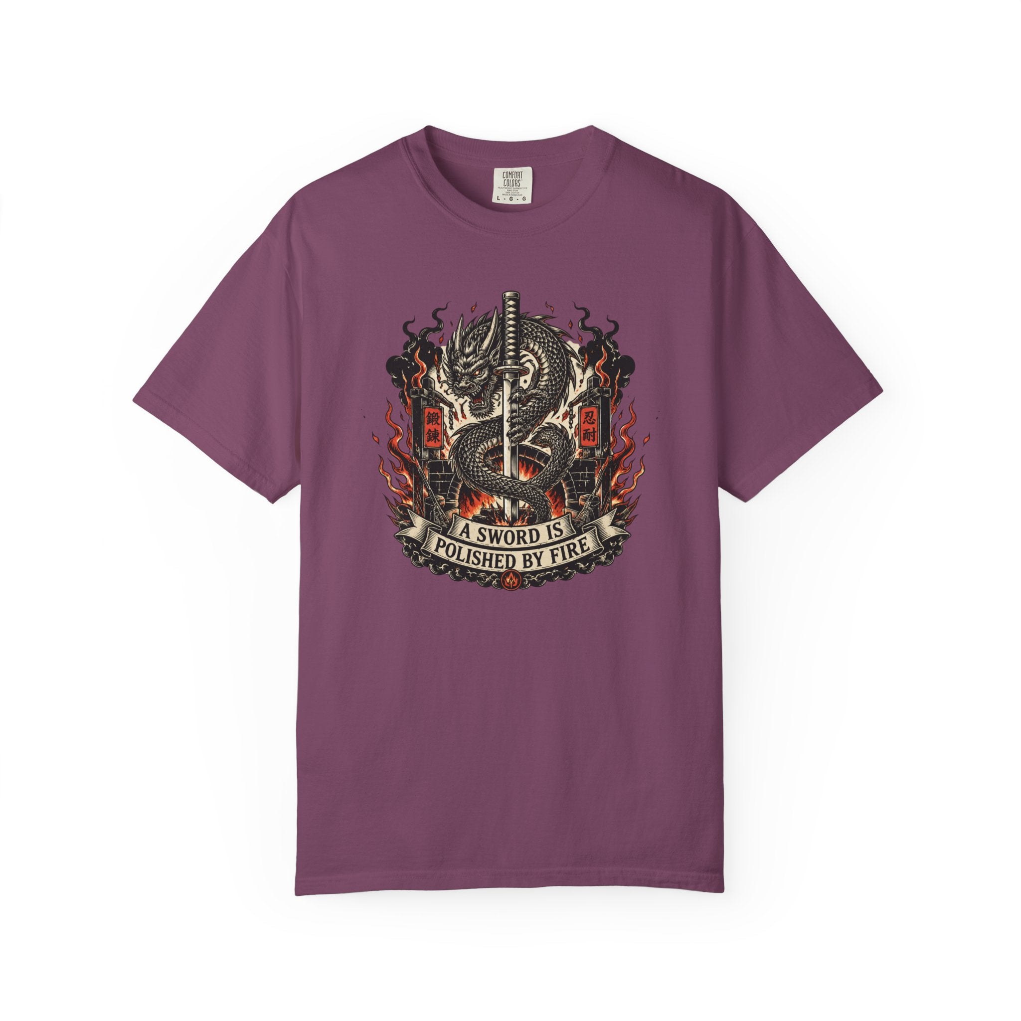 Sword & Flame Graphic T-Shirt — "A Sword Is Polished By Fire"