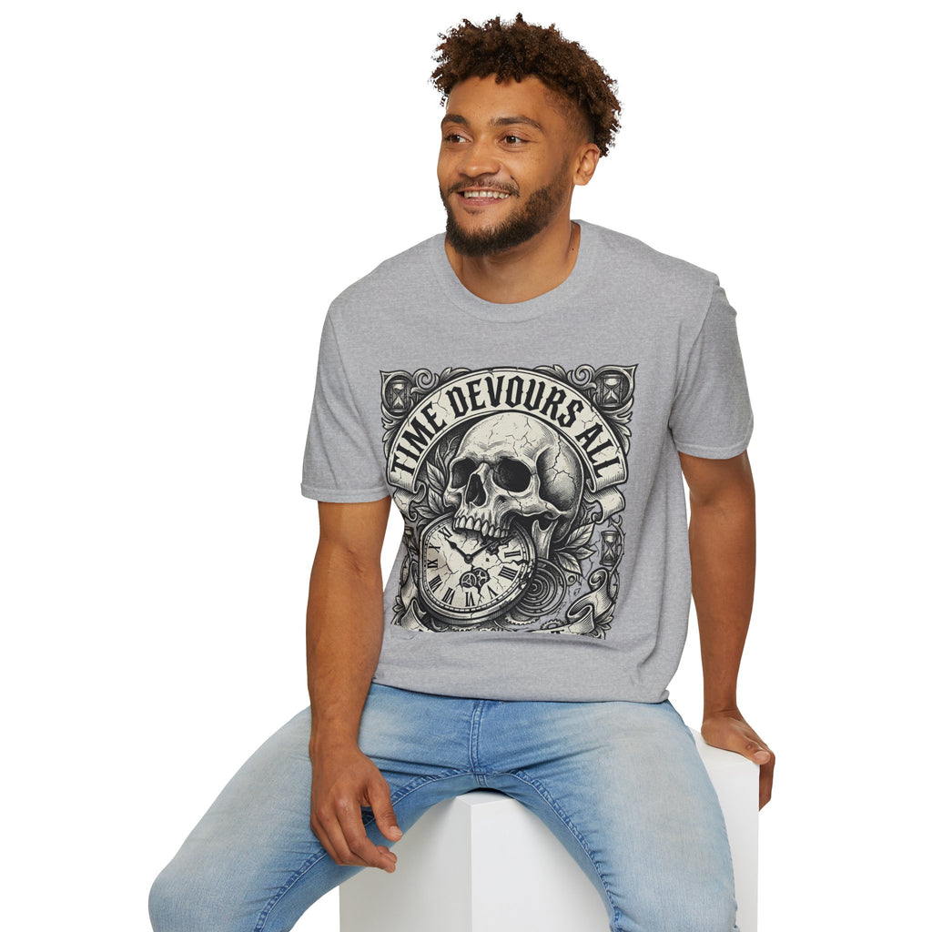 Time Devours All Skull T-Shirt – Vintage Gothic Skull & Pocket Watch Tee