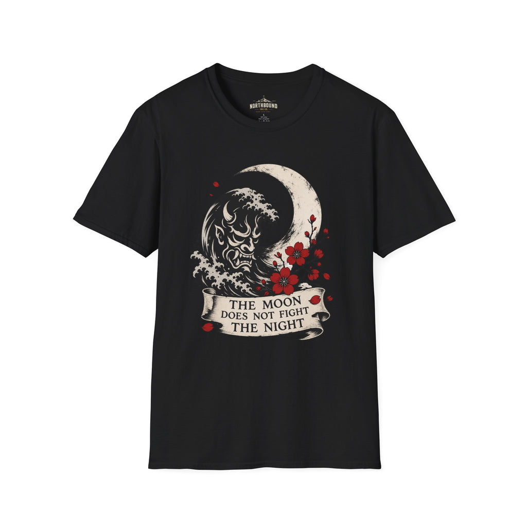 Moon & Wave Graphic T-Shirt — “The Moon Does Not Fight The Night” Inspirational Tee