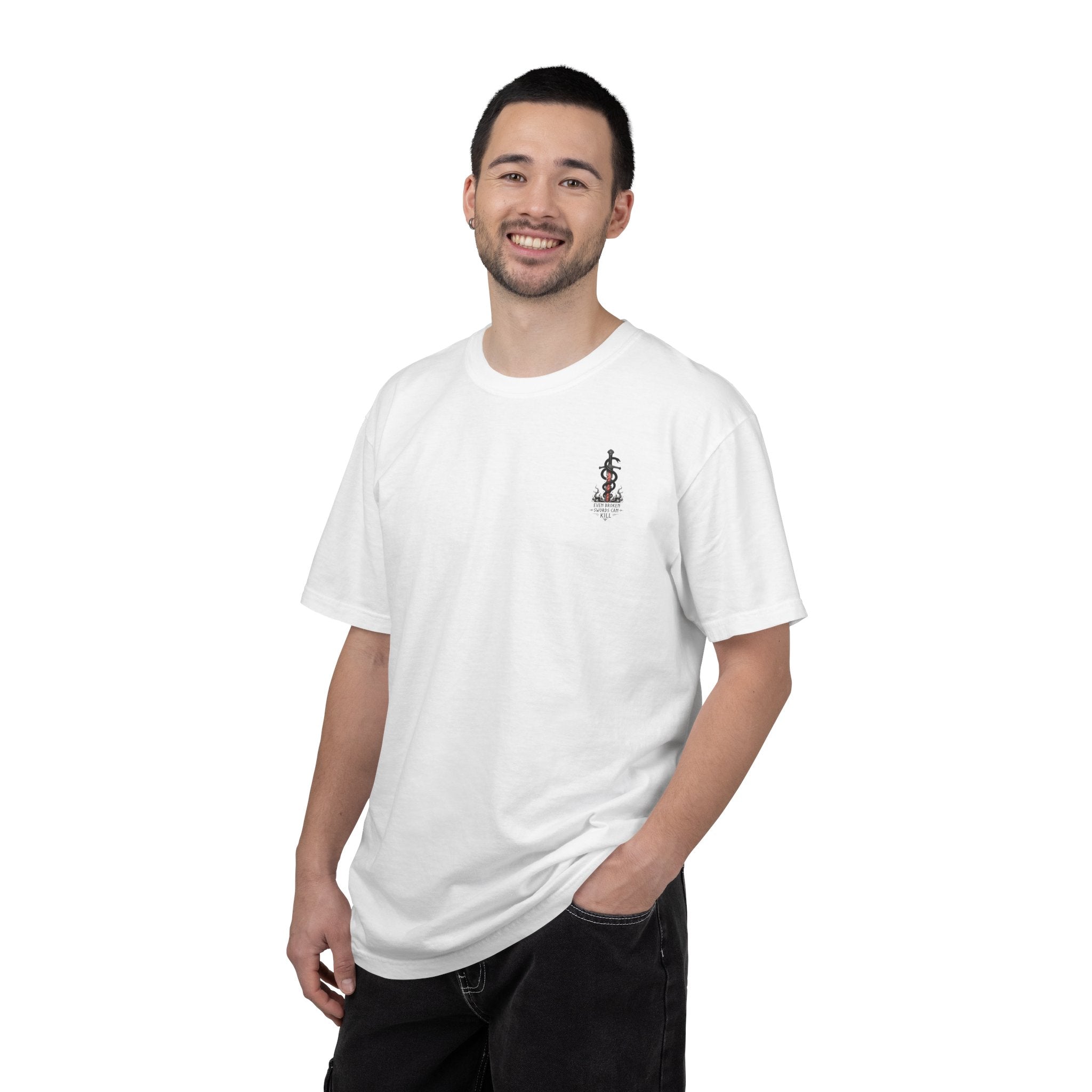Graphic T-Shirt — 'Even Broken Swords Can Kill' Snake & Sword Back Print
