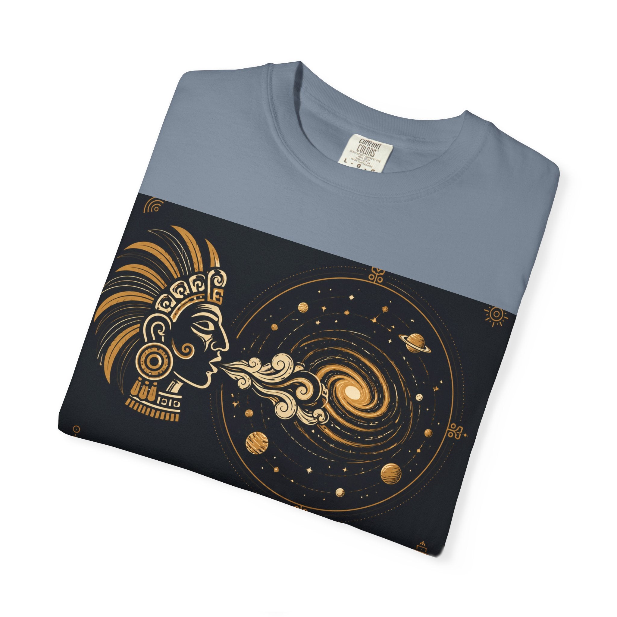 Cosmic Aztec Breath T-Shirt — Golden Galaxy Illustration