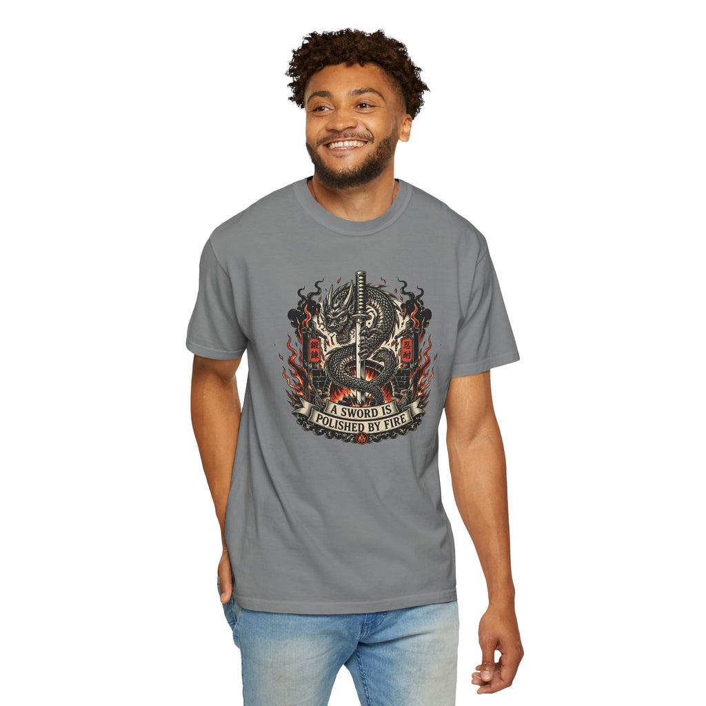 Sword & Flame Graphic T-Shirt — "A Sword Is Polished By Fire"