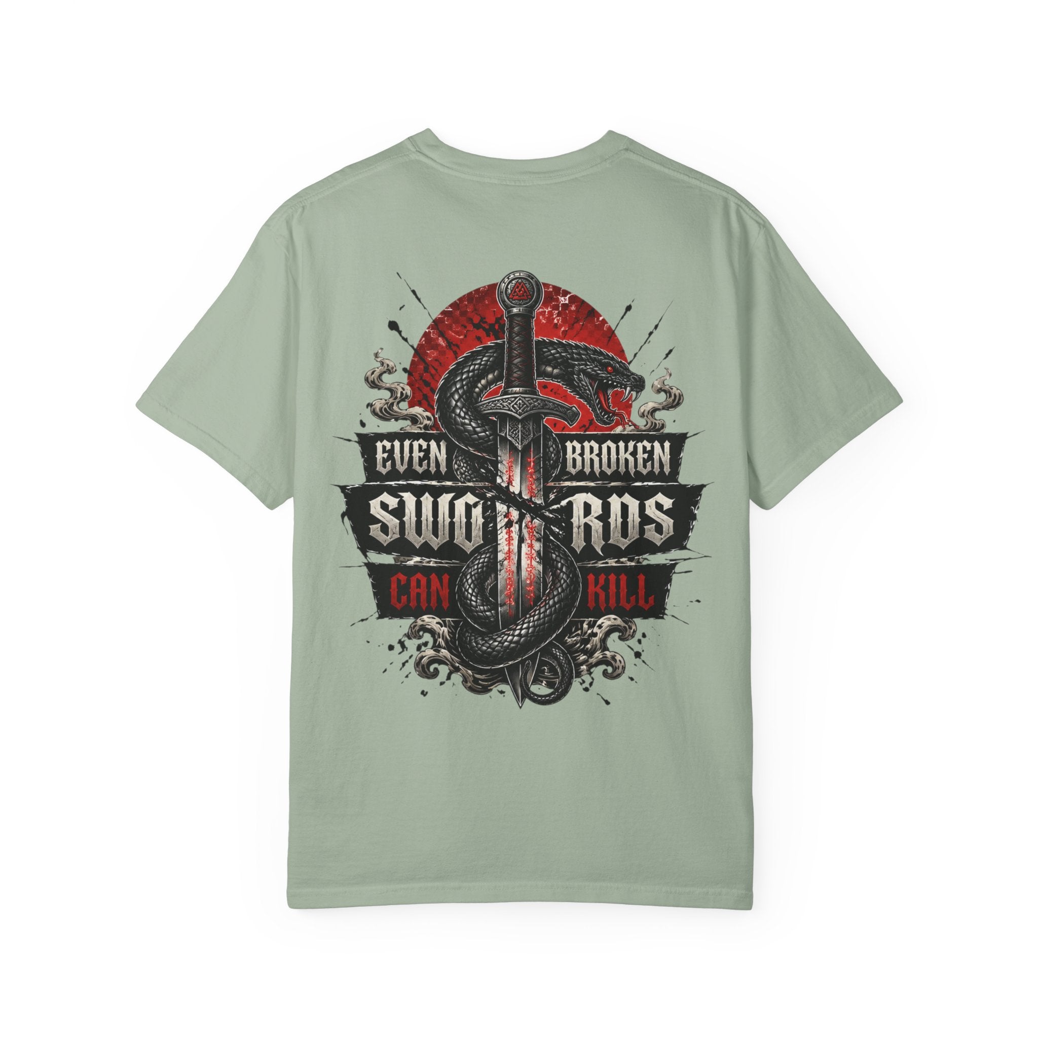 Graphic T-Shirt — "Even Broken Swords Can Kill" Snake & Dagger Back Print