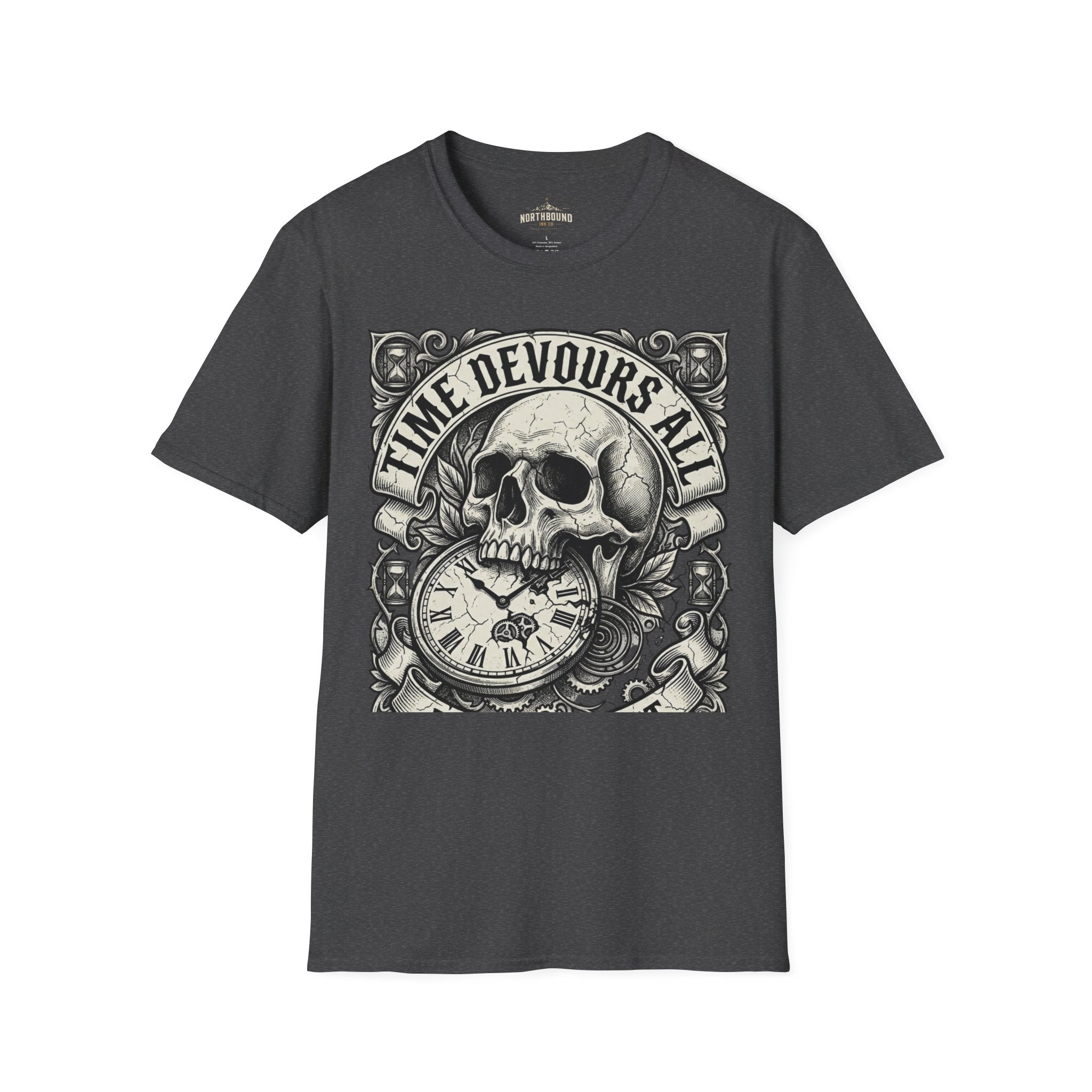 Time Devours All Skull T-Shirt – Vintage Gothic Skull & Pocket Watch Tee