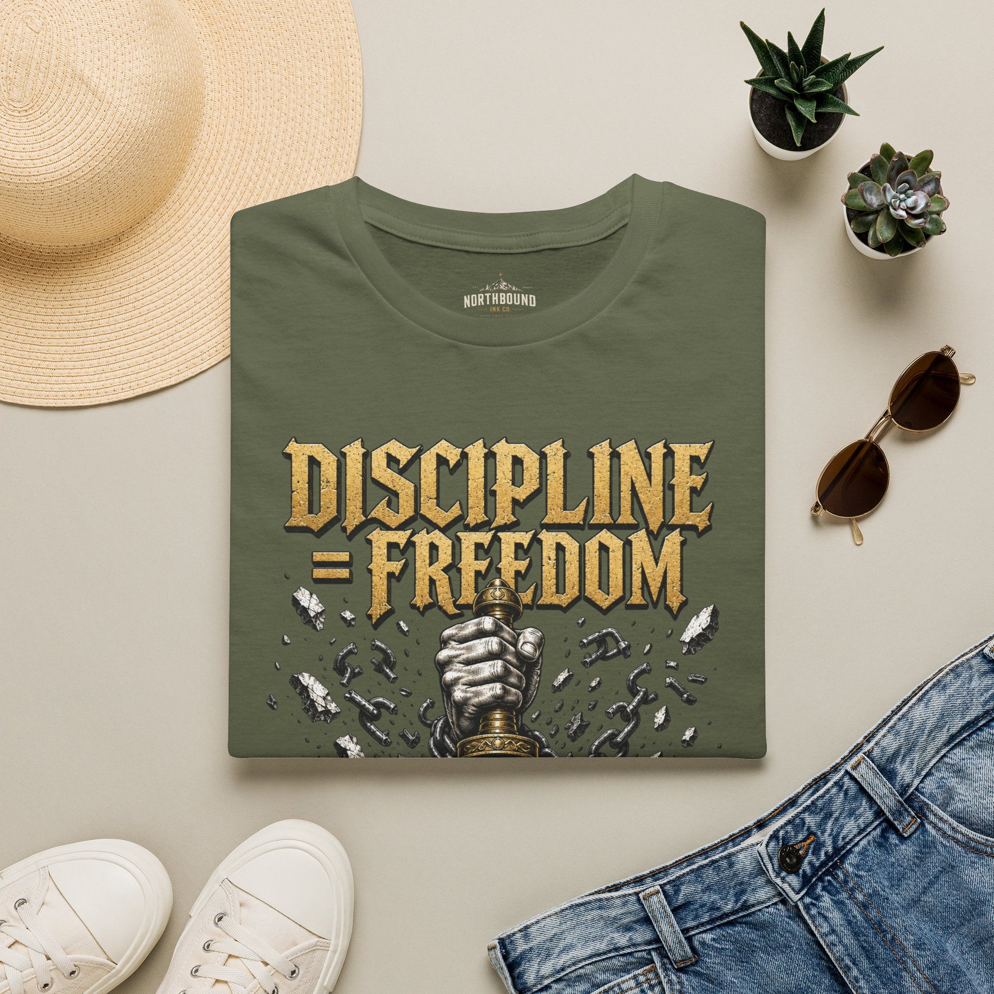 Discipline = Freedom T-Shirt — Motivational Sword & Fist Design