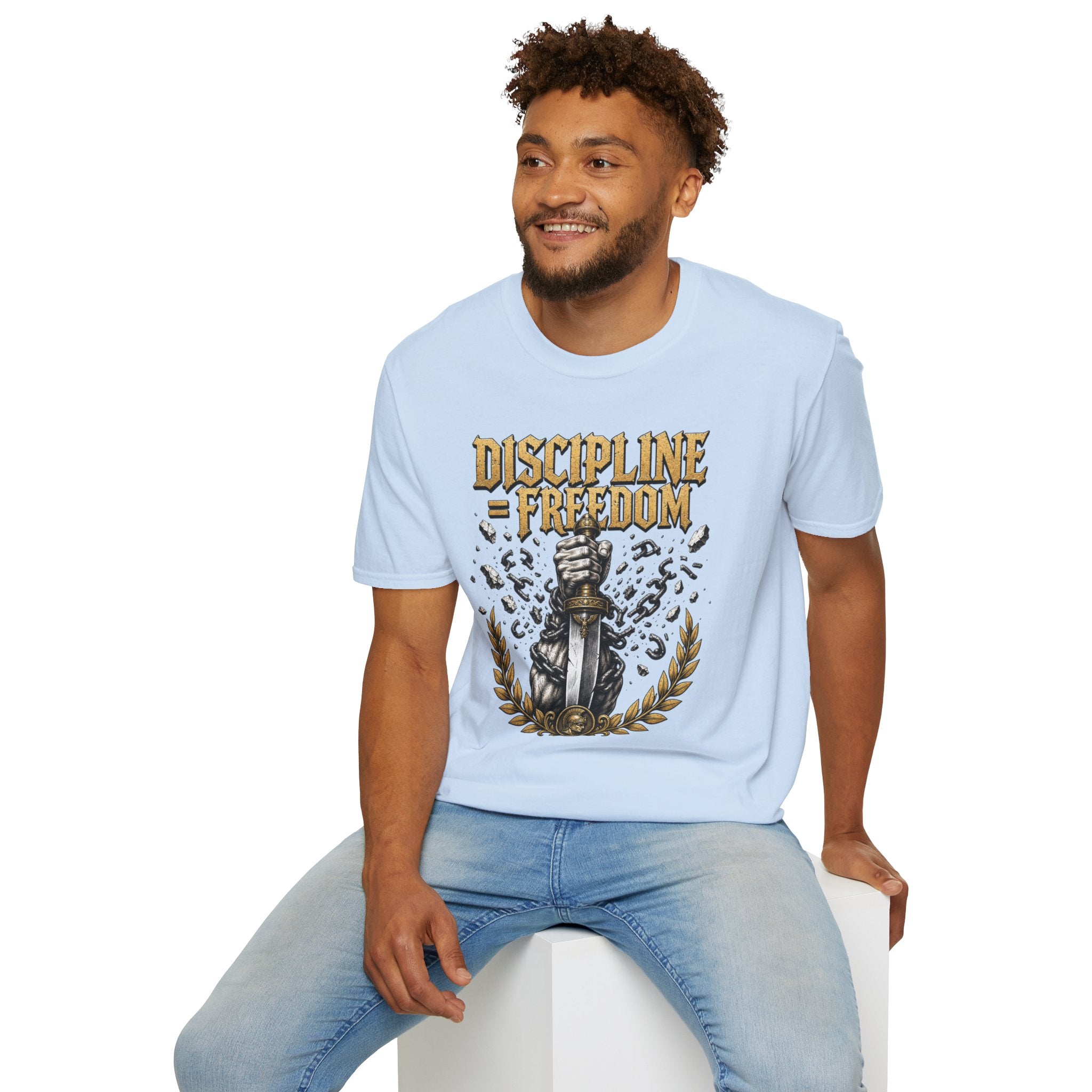 Discipline = Freedom T-Shirt — Motivational Sword & Fist Design