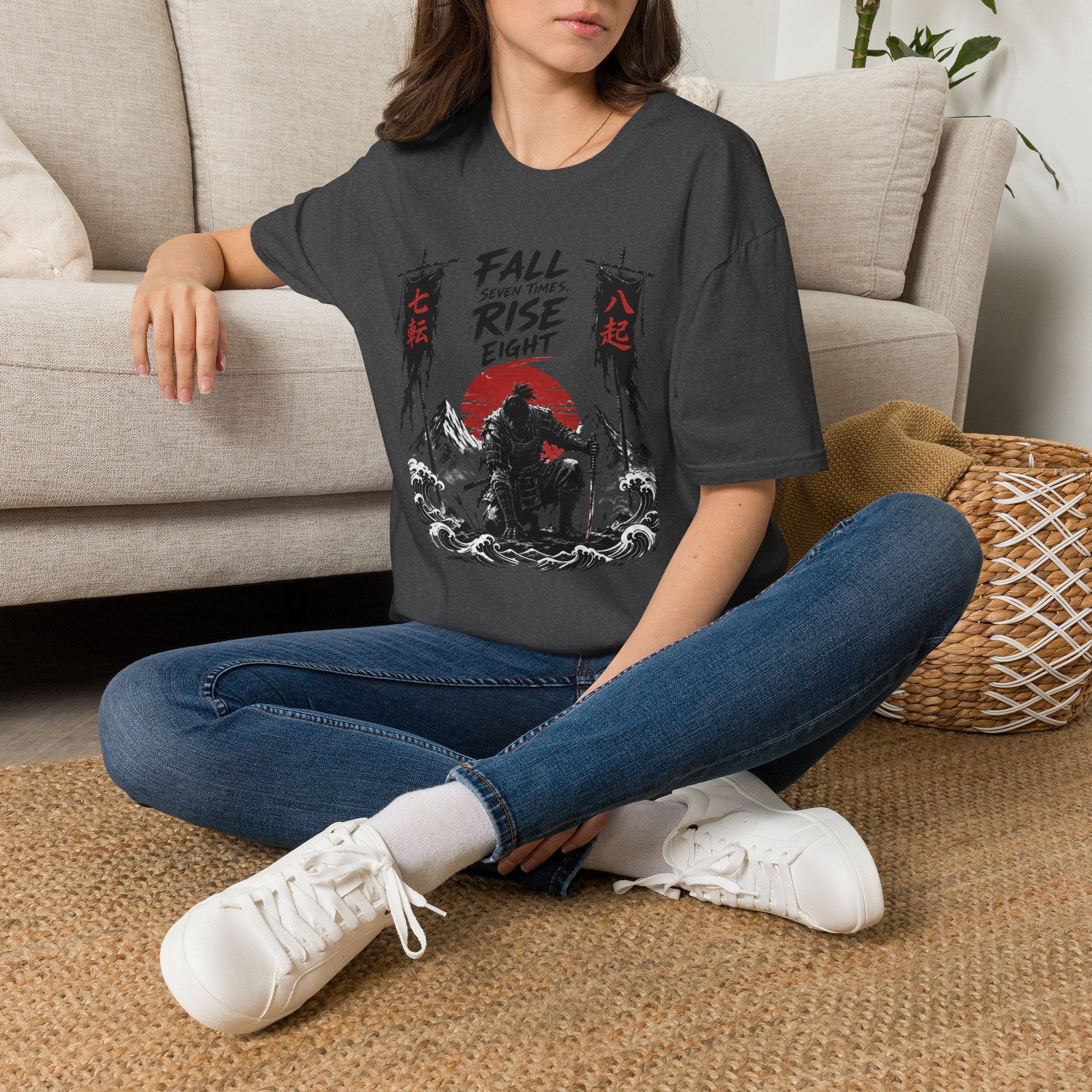 T-Shirt — “Fall Seven Times, Rise Eight” Samurai Graphic Tee