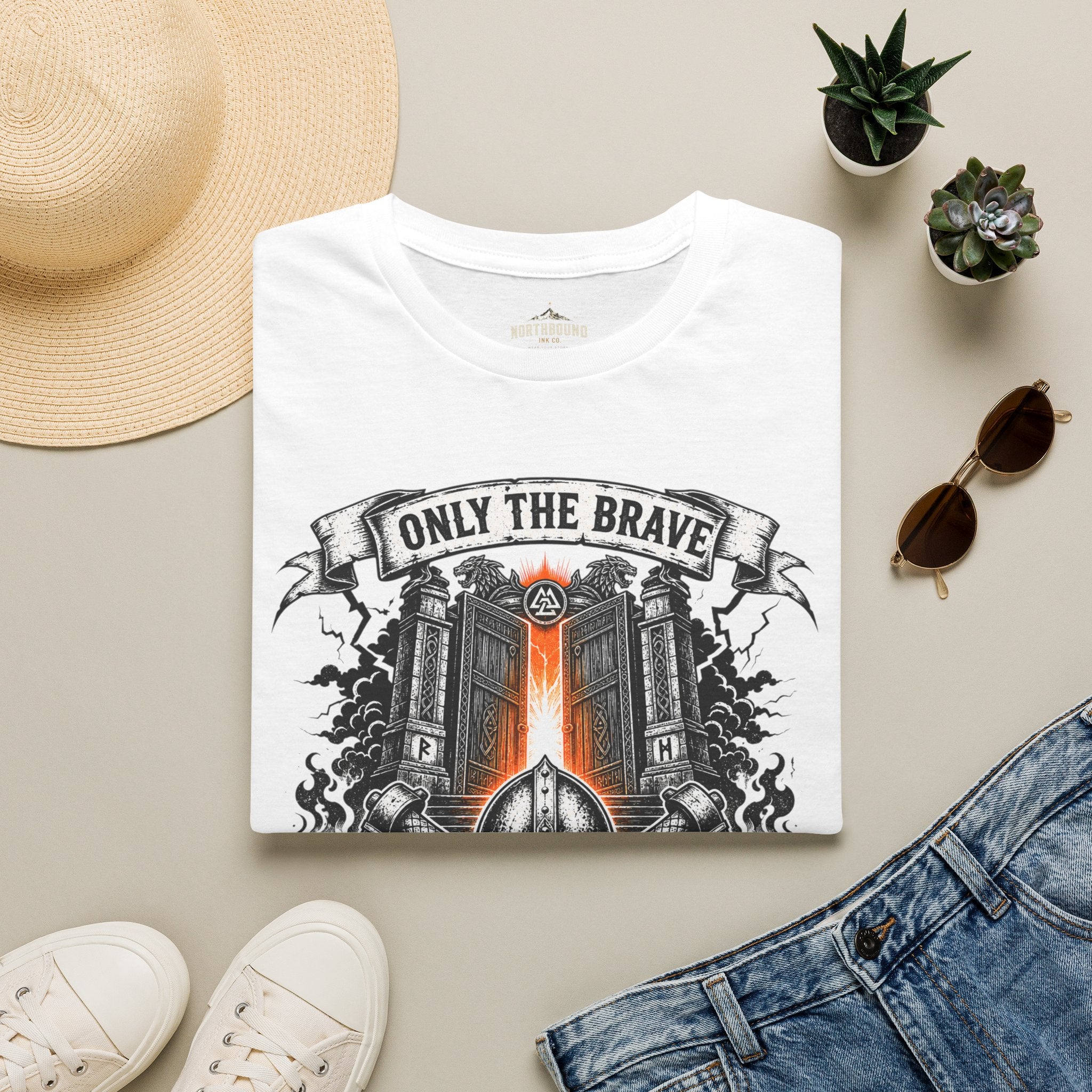 Only The Brave T-Shirt — Gothic Knight Helmet & Castle Illustration