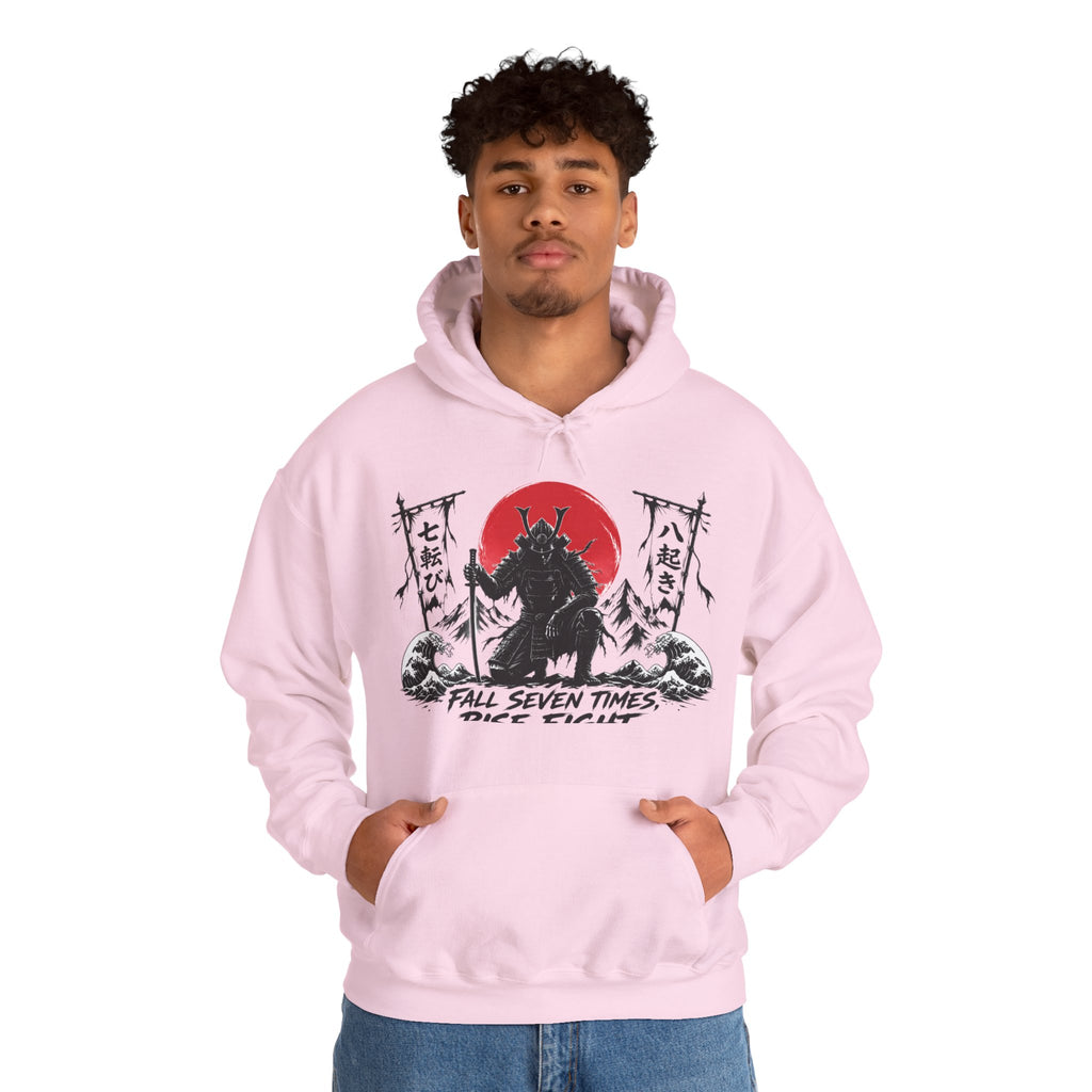 Hoodie — Samurai Wolf Graphic "Fall Seven Times, Rise Eight" Japanese Sunrise
