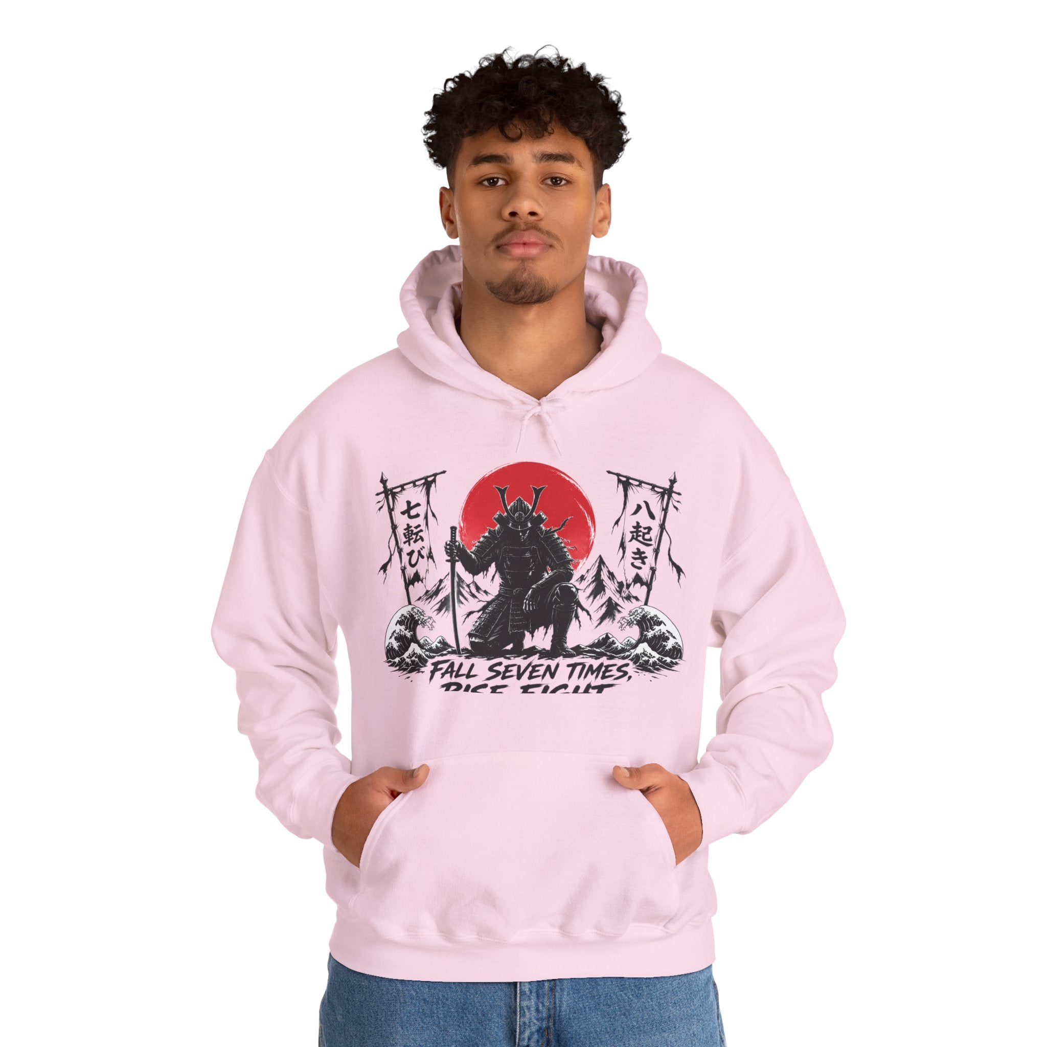 Hoodie — Samurai Wolf Graphic "Fall Seven Times, Rise Eight" Japanese Sunrise