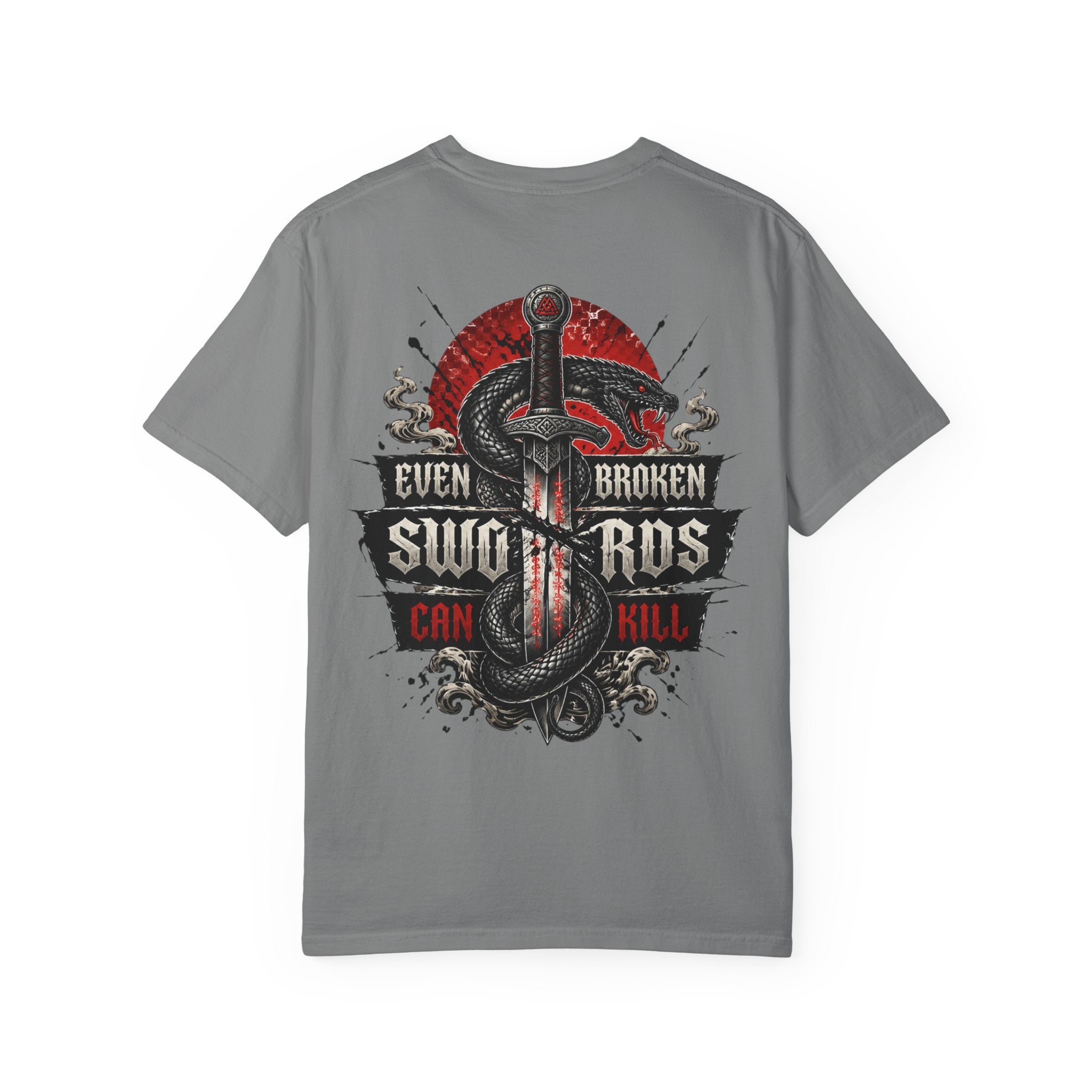 Graphic T-Shirt — "Even Broken Swords Can Kill" Snake & Dagger Back Print