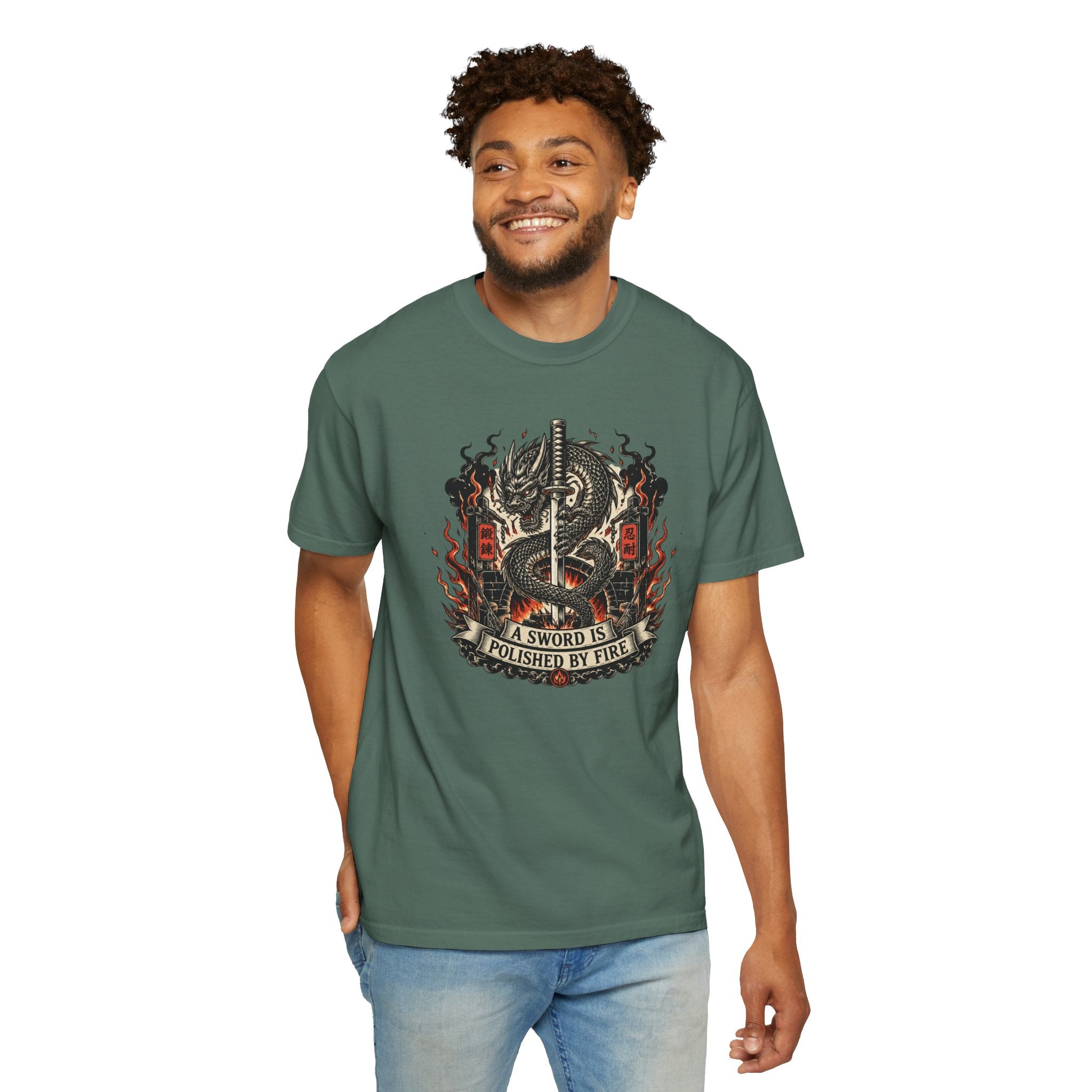 Sword & Flame Graphic T-Shirt — "A Sword Is Polished By Fire"