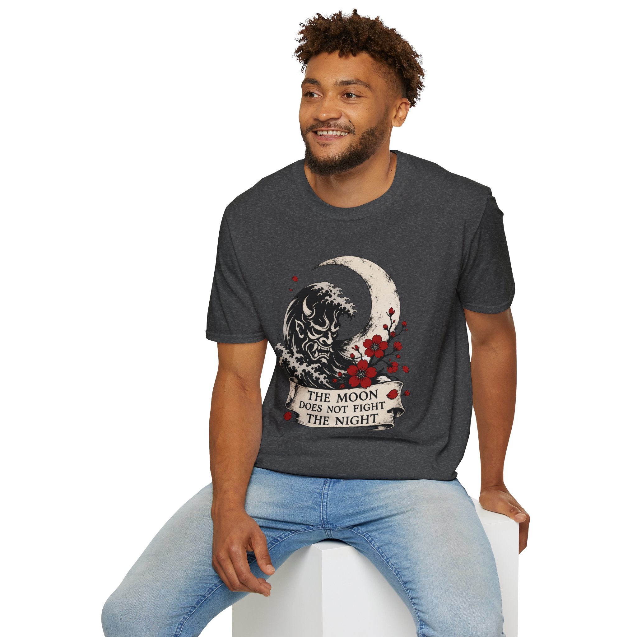 Moon & Wave Graphic T-Shirt — “The Moon Does Not Fight The Night” Inspirational Tee