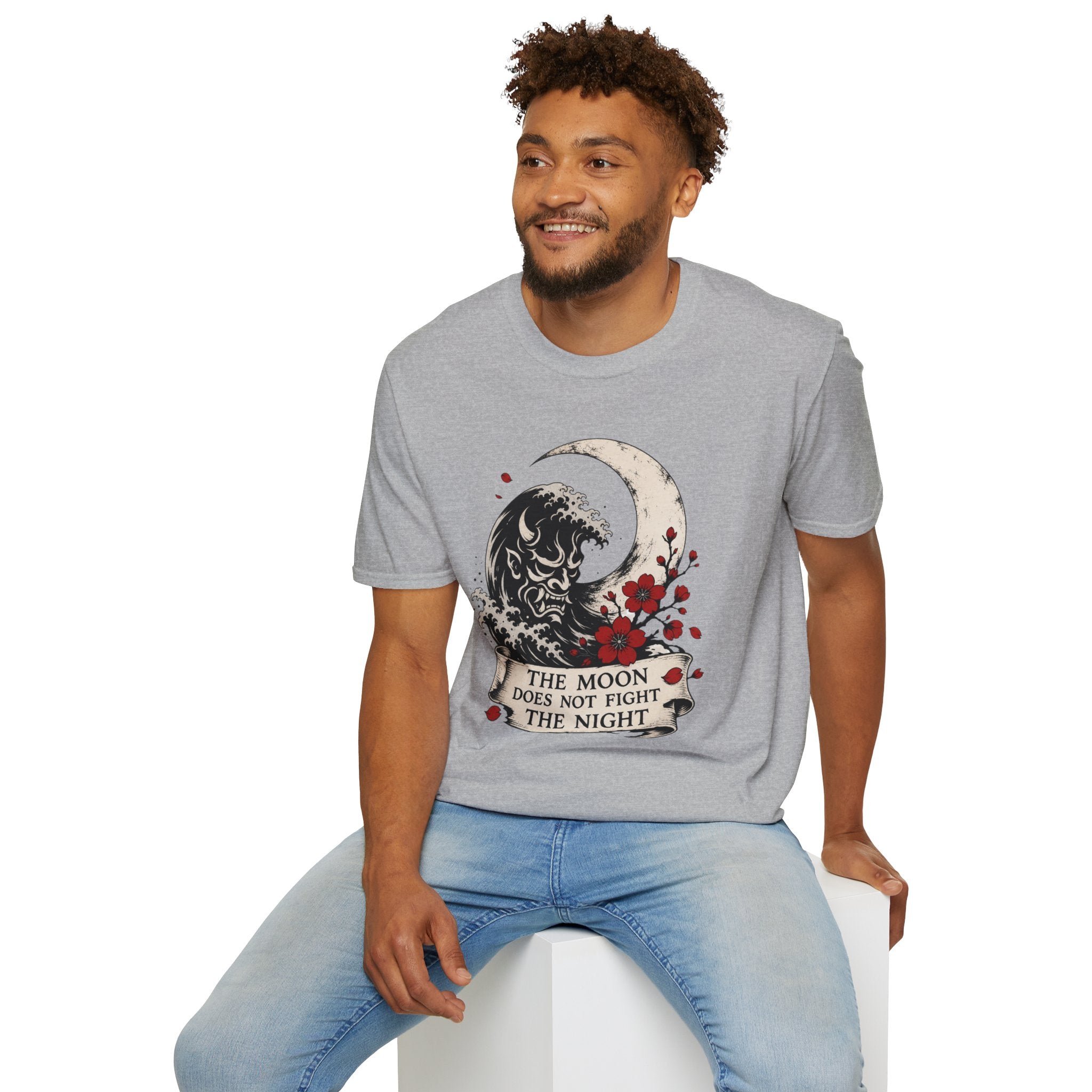 Moon & Wave Graphic T-Shirt — “The Moon Does Not Fight The Night” Inspirational Tee