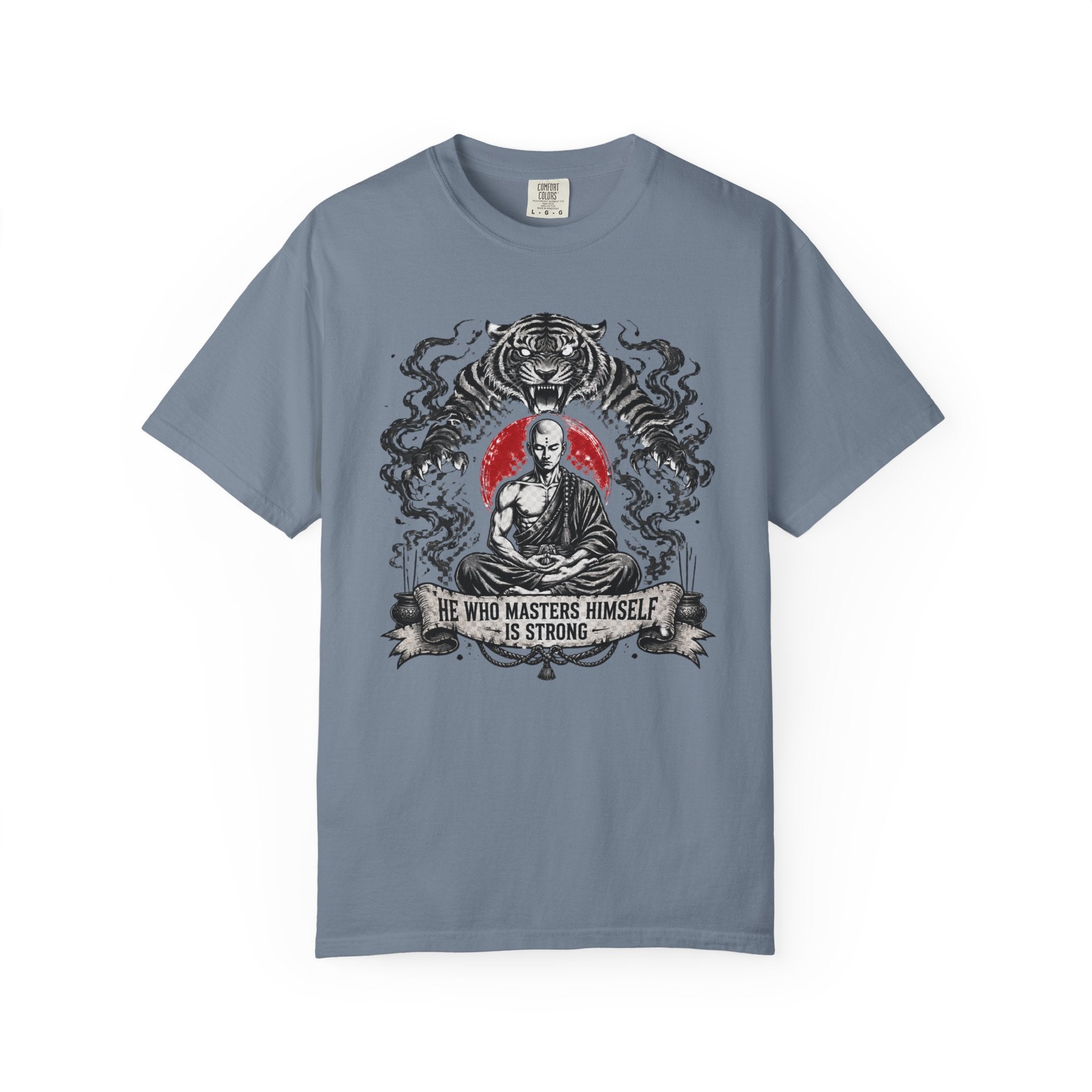 Meditation Tiger T-Shirt — "He Who Masters Himself is Strong" Zen Graphic Tee