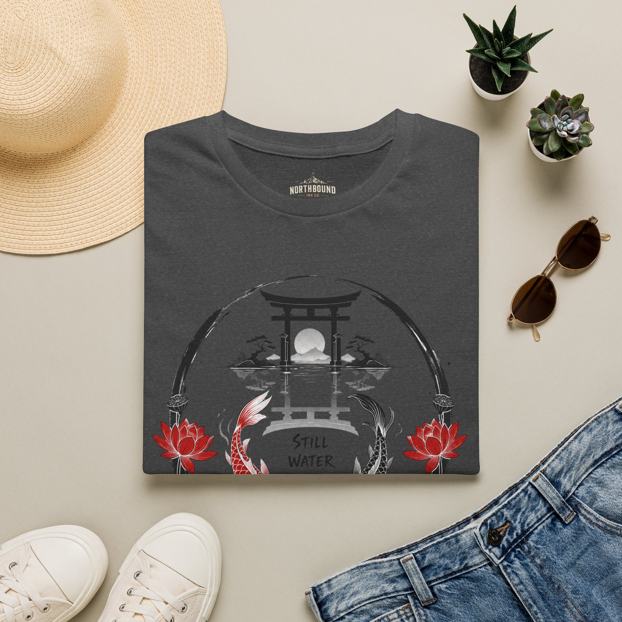 Zen Koi Torii T‑Shirt — "Still Water" Japanese Garden Graphic