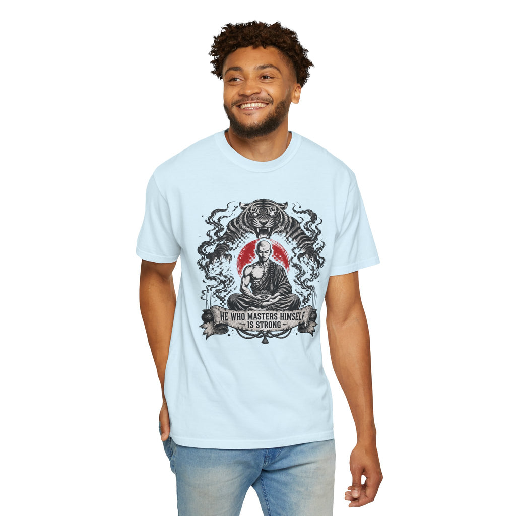 Meditation Tiger T-Shirt — "He Who Masters Himself is Strong" Zen Graphic Tee