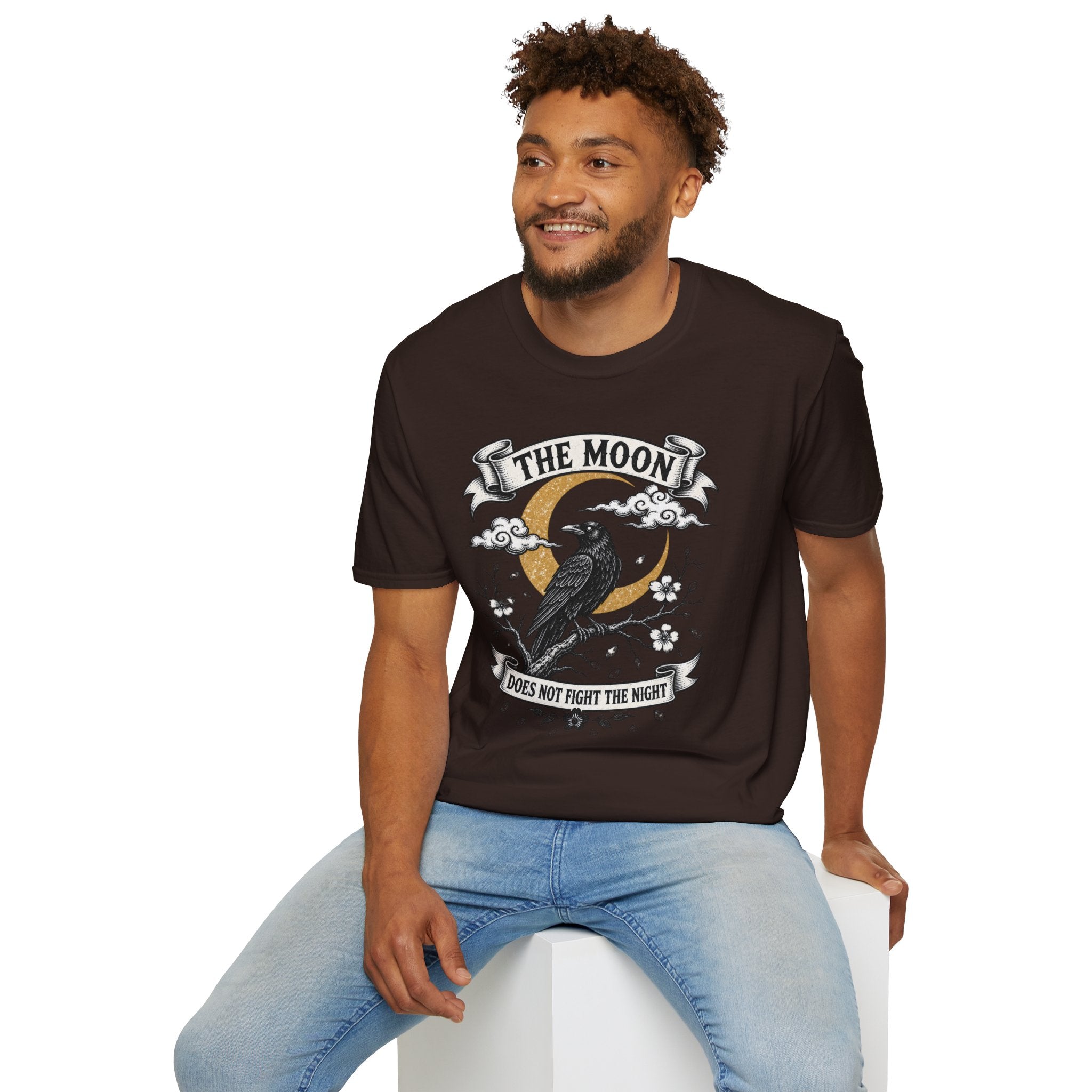 Moon & Raven T-Shirt — "The Moon Does Not Fight The Moon" Gothic Celestial Tee