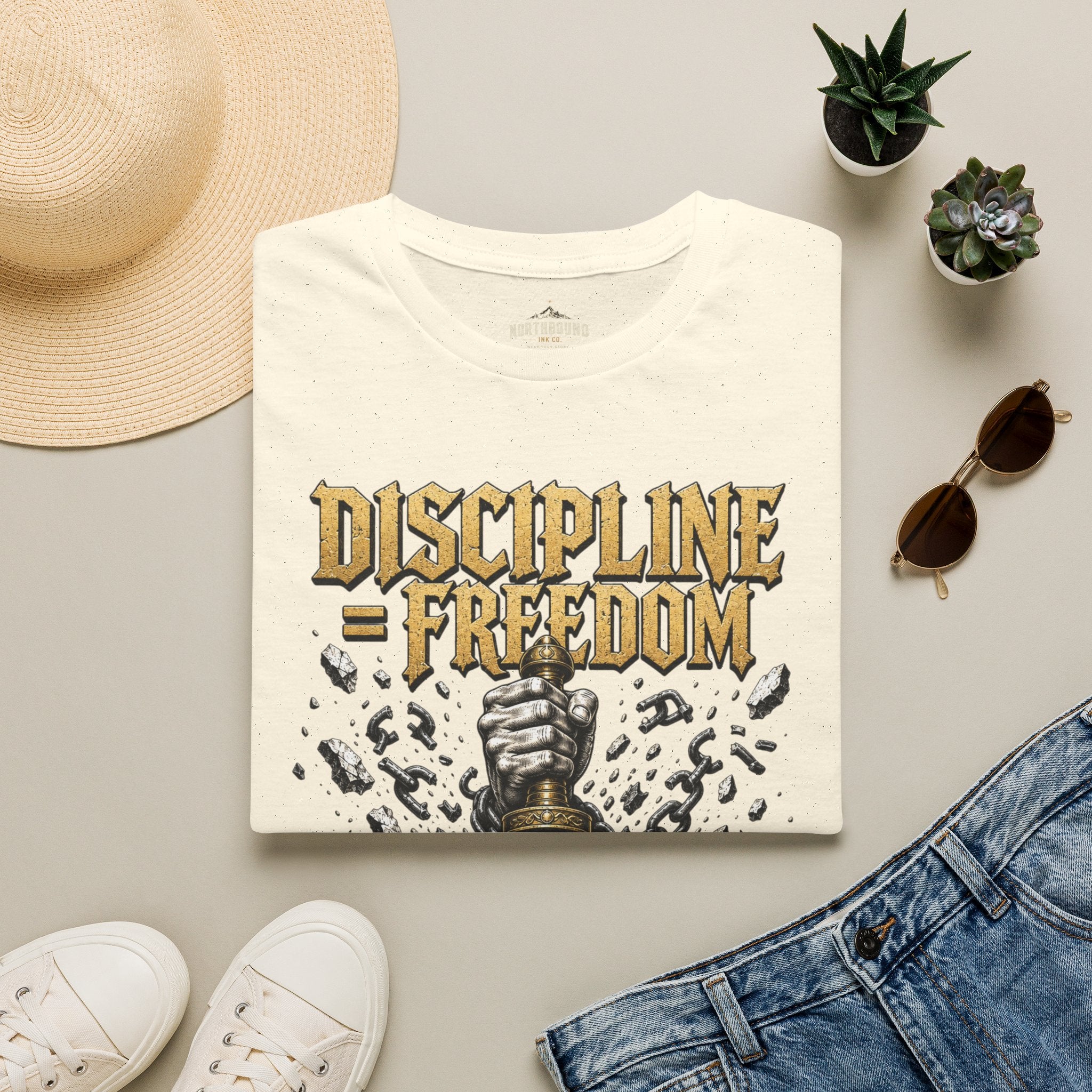 Discipline = Freedom T-Shirt — Motivational Sword & Fist Design