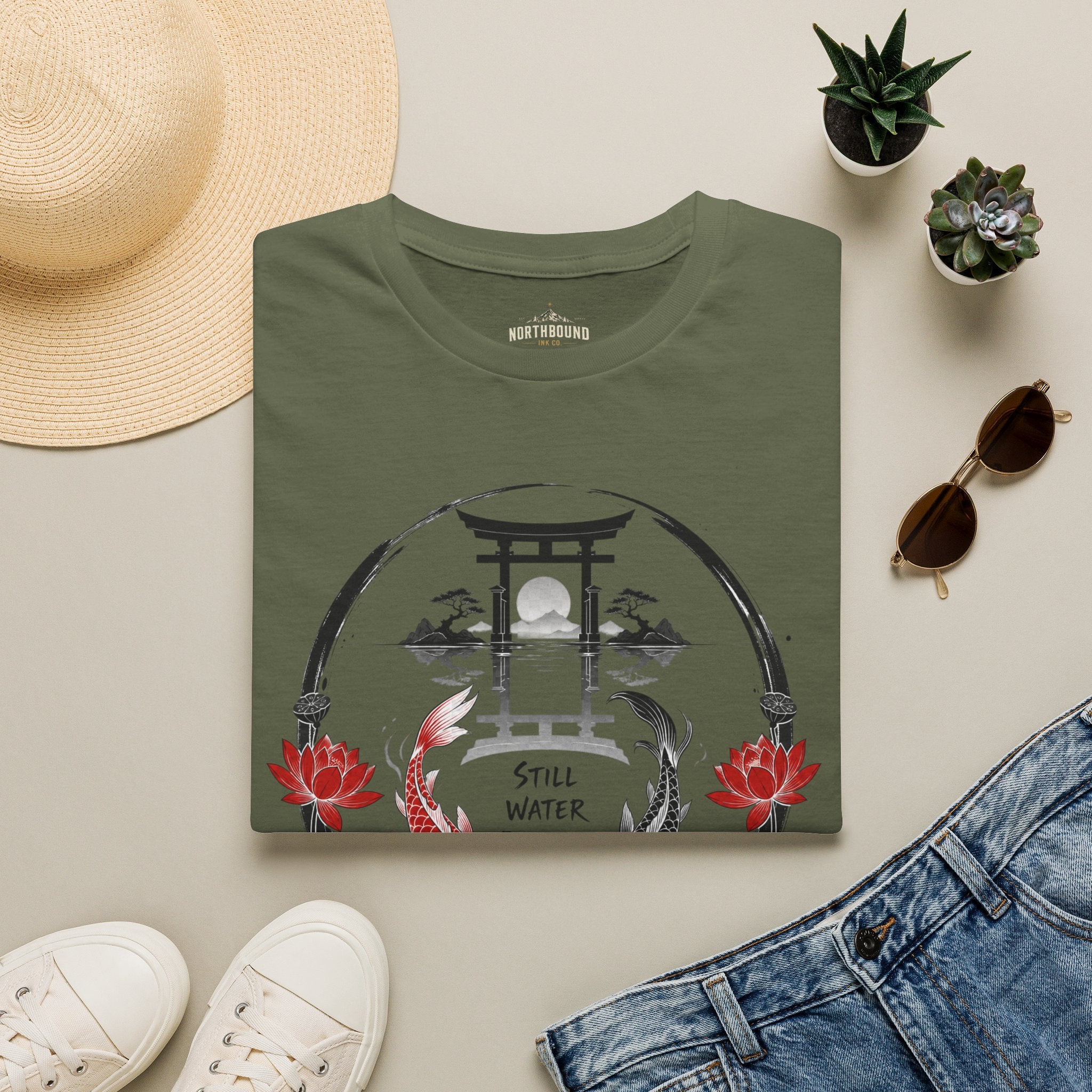 Zen Koi Torii T‑Shirt — "Still Water" Japanese Garden Graphic