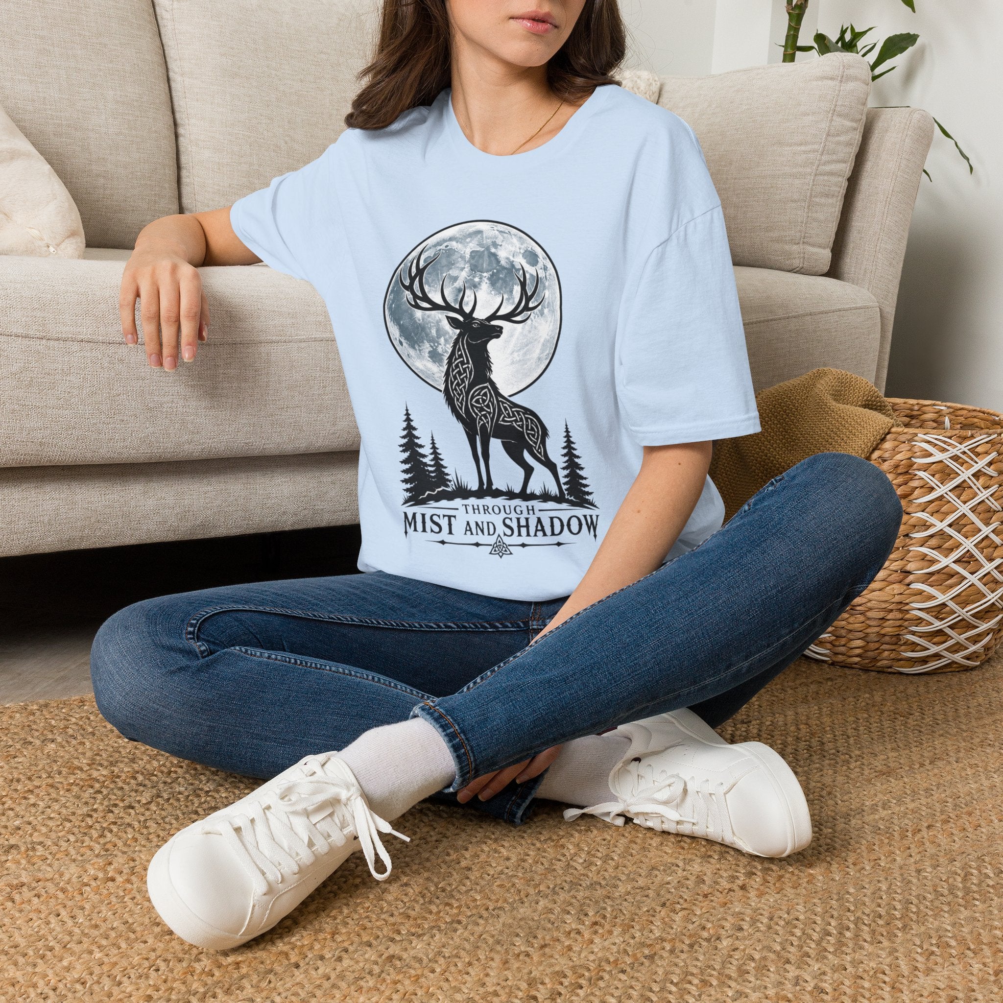 Deer Moon T‑Shirt — 'Mist and Shadow' Woodland Stag Graphic Tee