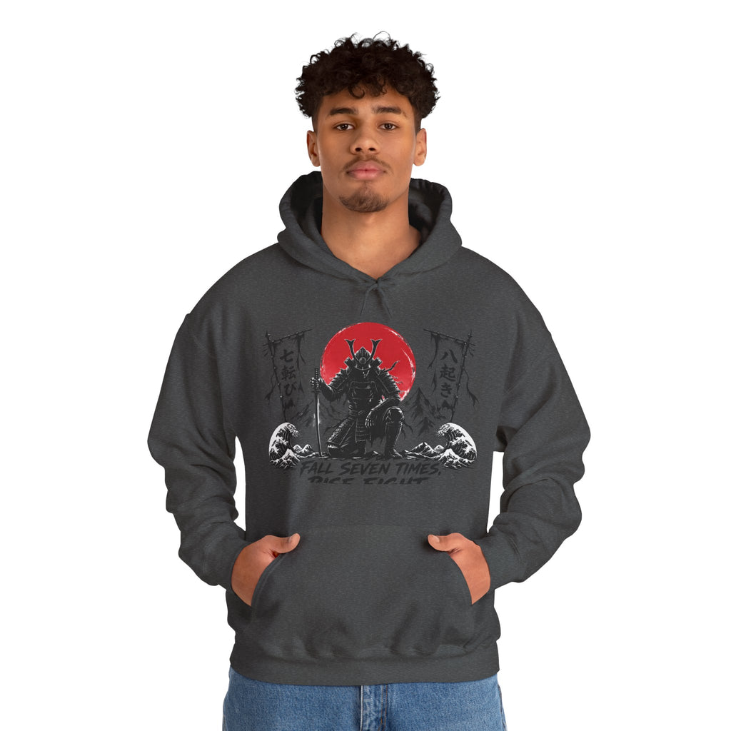 Hoodie — Samurai Wolf Graphic "Fall Seven Times, Rise Eight" Japanese Sunrise