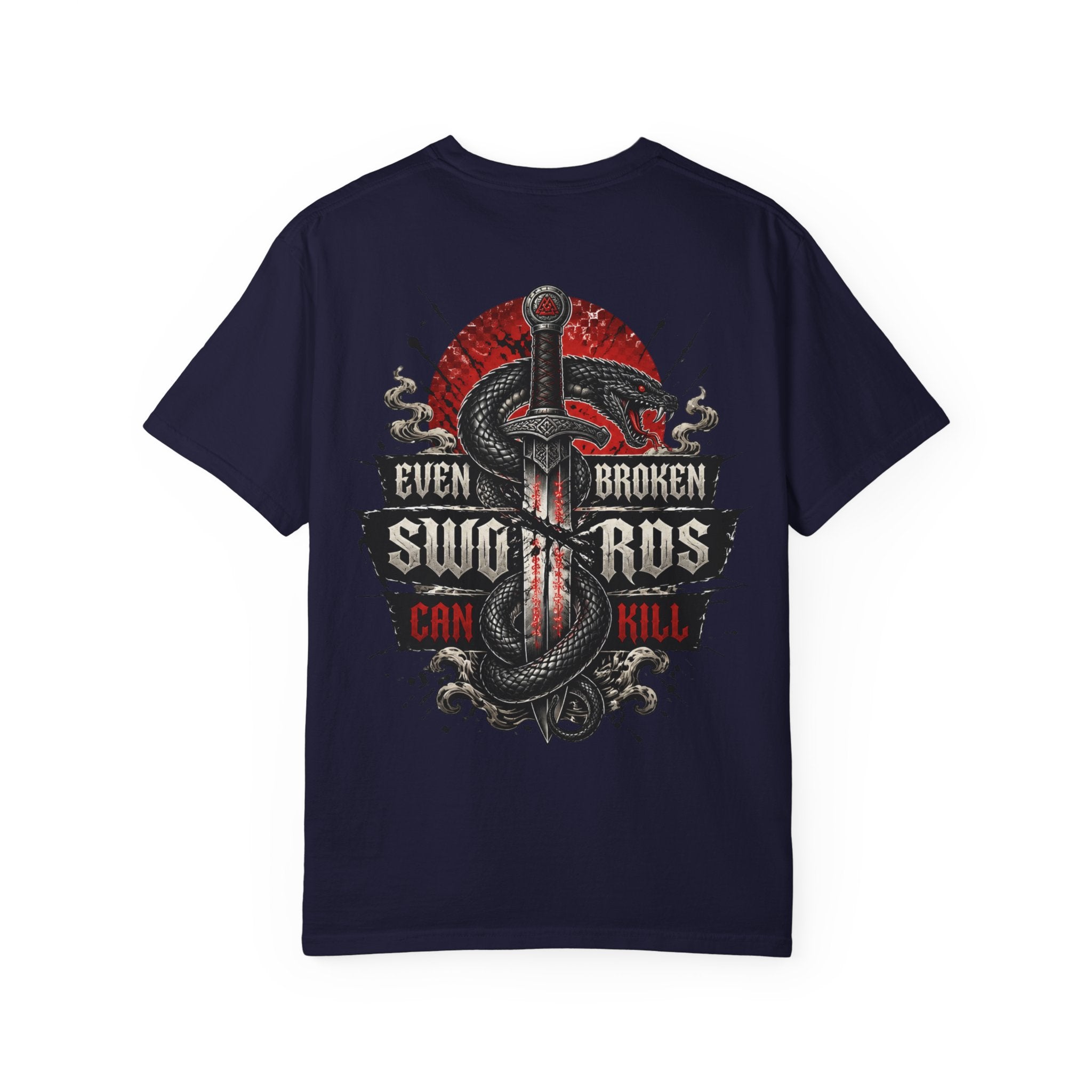 Graphic T-Shirt — "Even Broken Swords Can Kill" Snake & Dagger Back Print