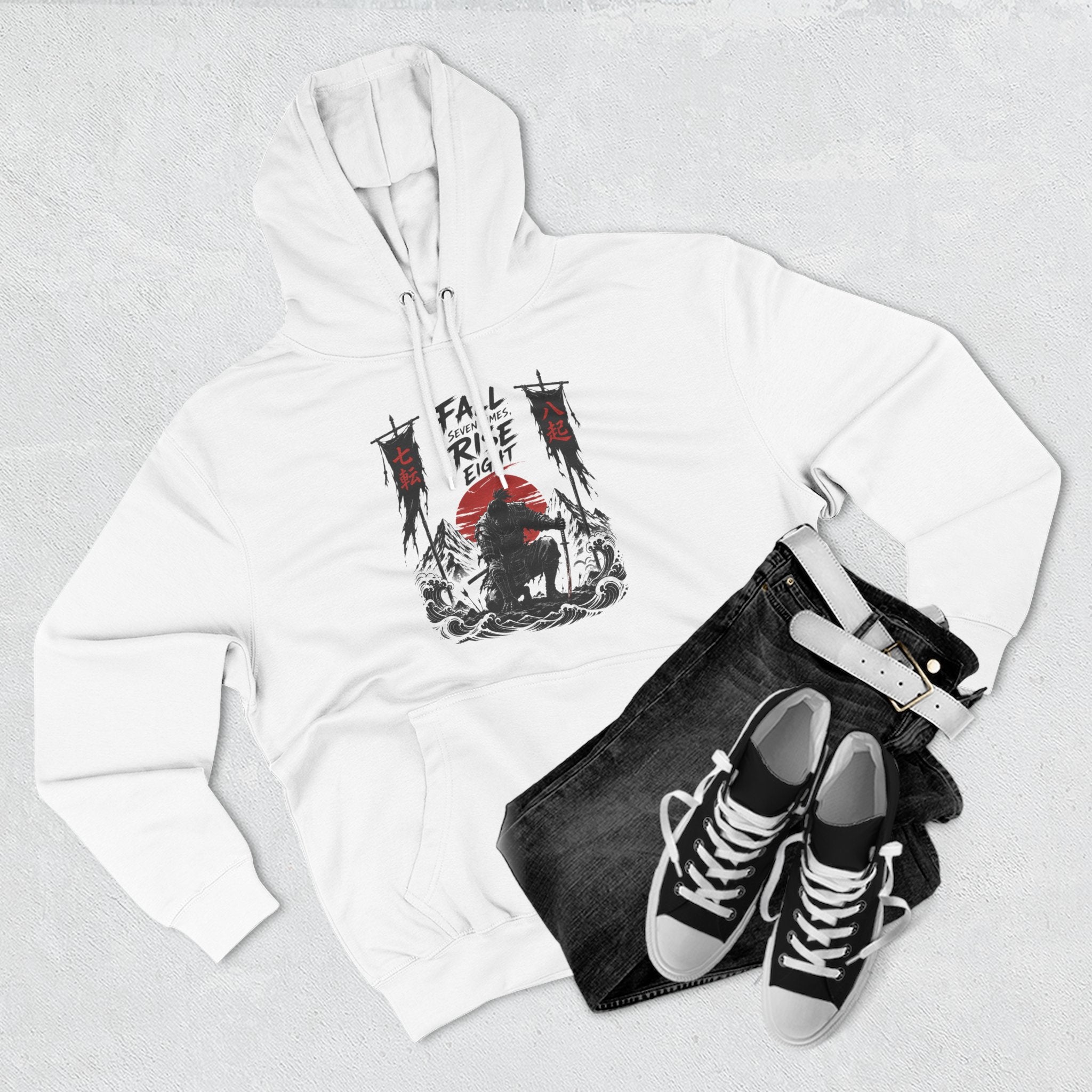 Samurai Sunset Hoodie — "Fall Rise Fight" Graphic Fleece Hoodie
