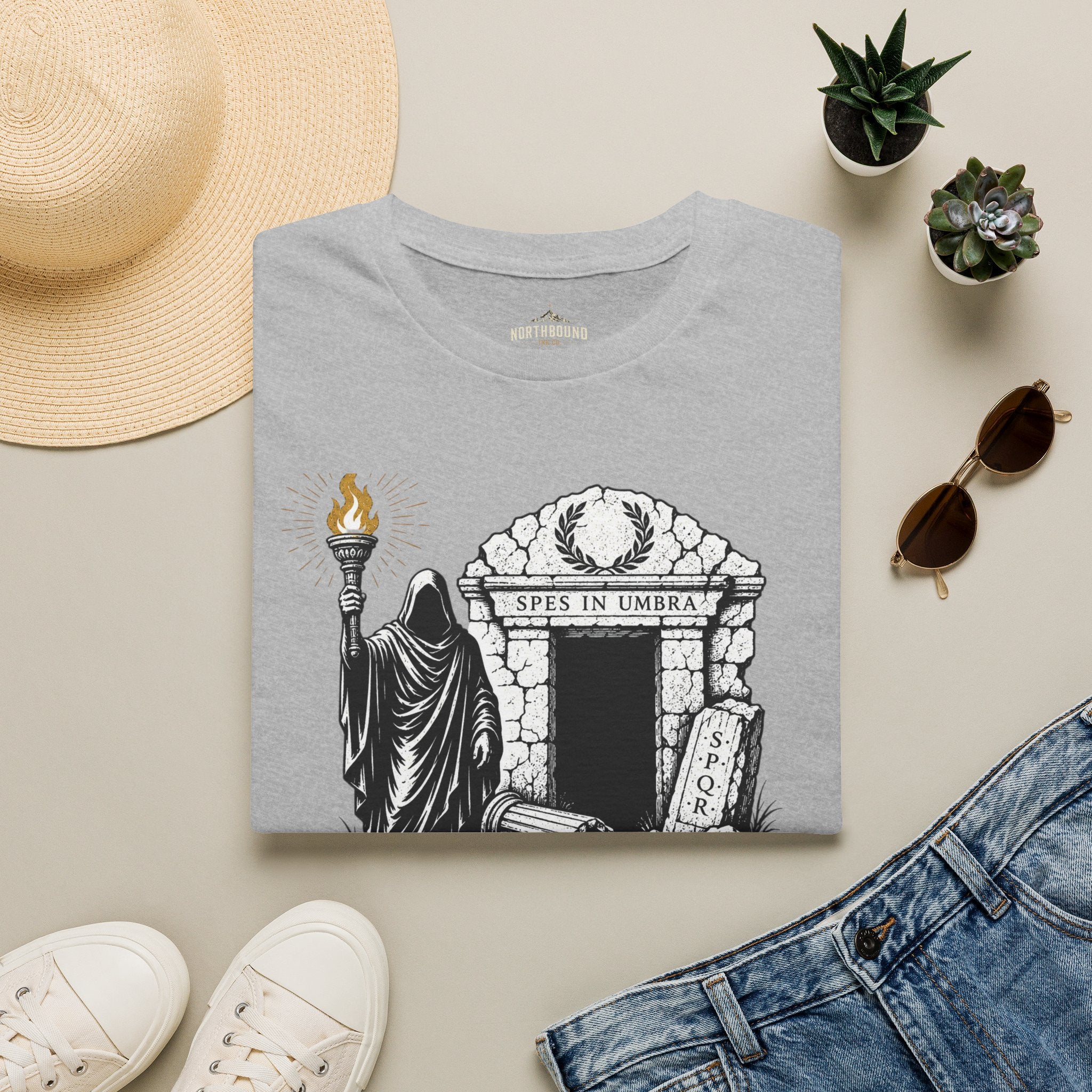 Gothic 'The Shadow Follows' T-Shirt — Cloaked Figure & Tombstone Design