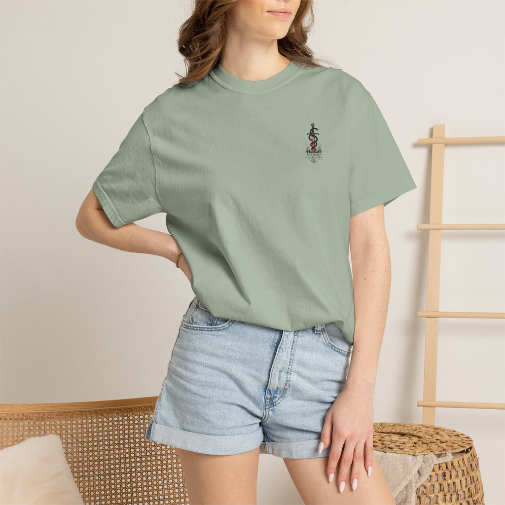 Graphic T-Shirt — 'Even Broken Swords Can Kill' Snake & Sword Back Print