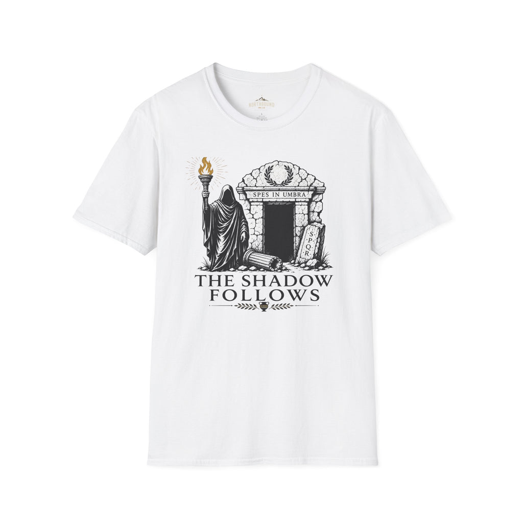 Gothic 'The Shadow Follows' T-Shirt — Cloaked Figure & Tombstone Design