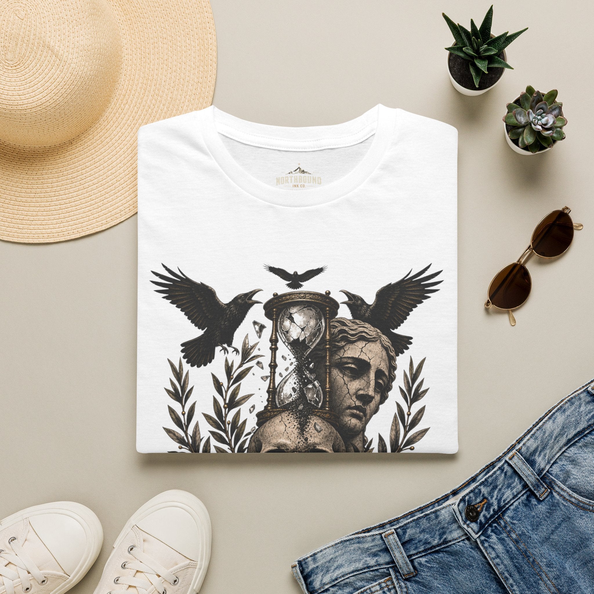Memento Mori T-Shirt — Hourglass Statue & Ravens Vintage Death Awareness Tee