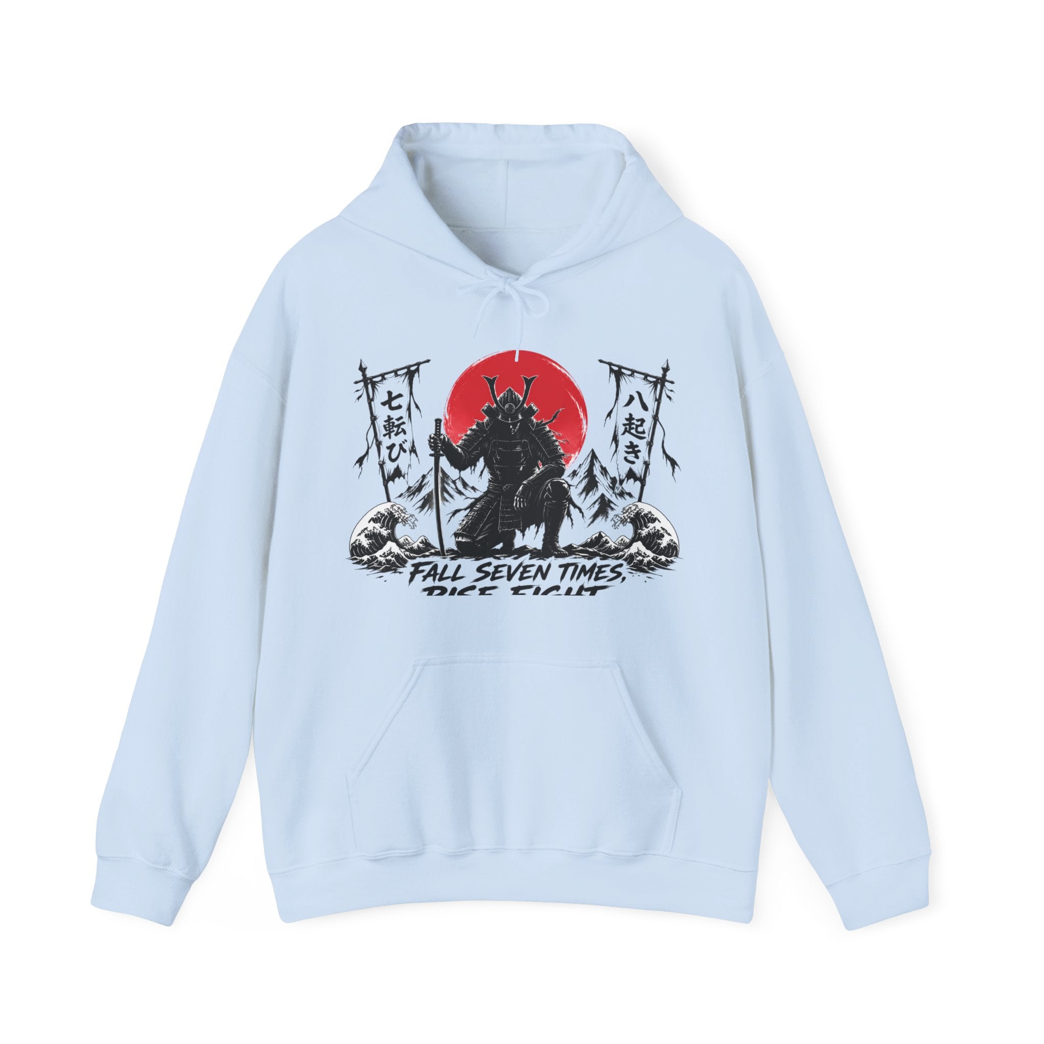 Hoodie — Samurai Wolf Graphic "Fall Seven Times, Rise Eight" Japanese Sunrise