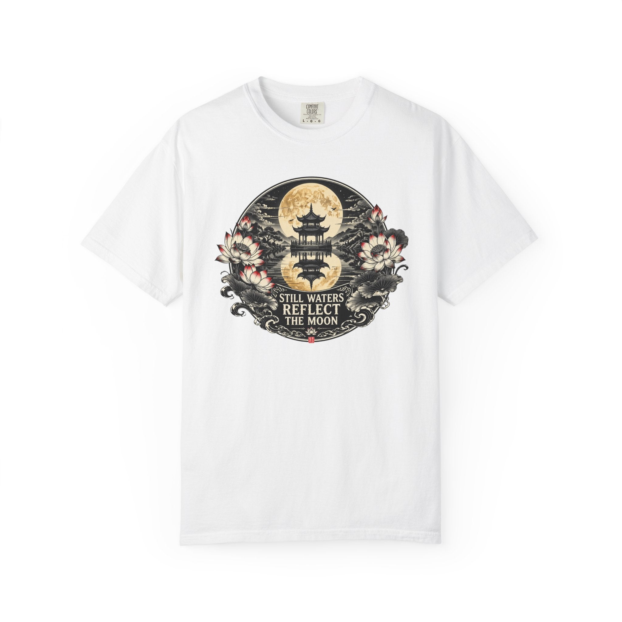 Still Waters Reflect the Moon T-Shirt — Zen Pagoda Moon Graphic Tee
