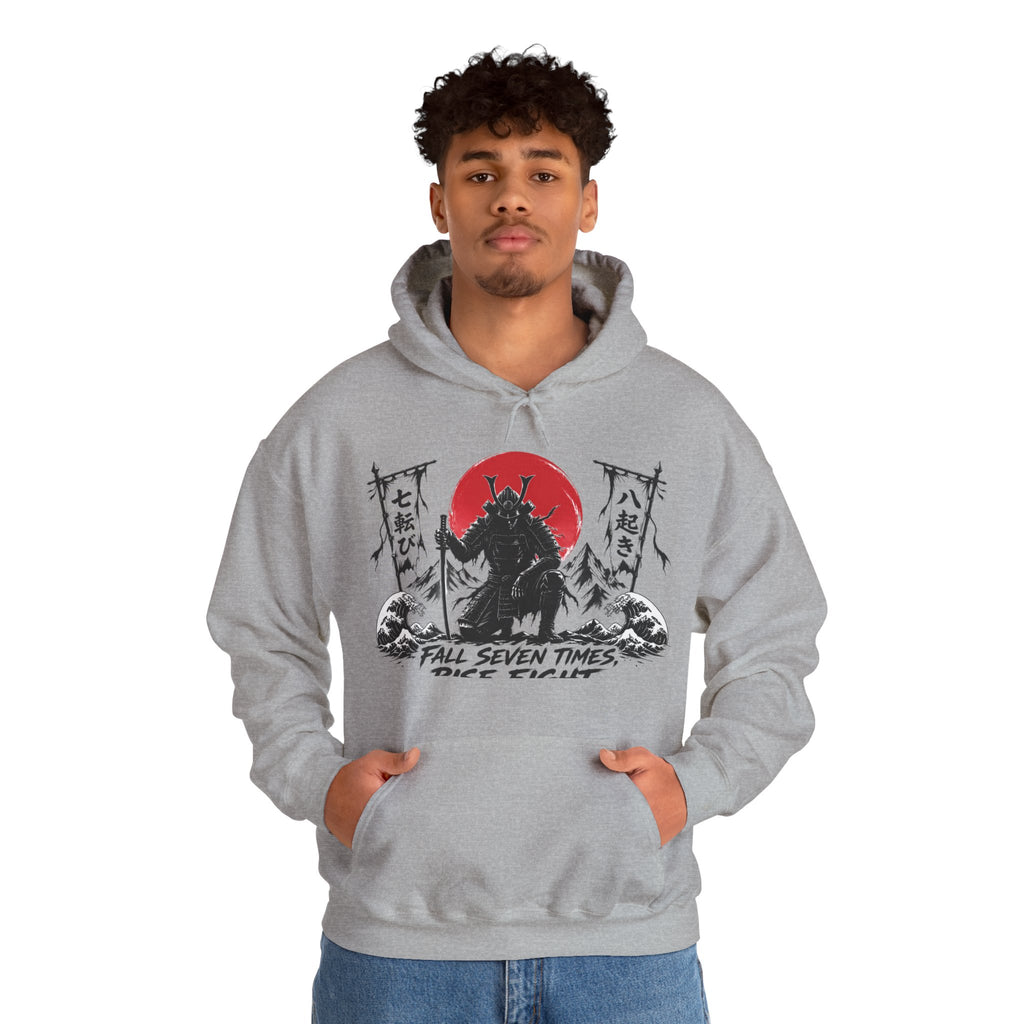 Hoodie — Samurai Wolf Graphic "Fall Seven Times, Rise Eight" Japanese Sunrise