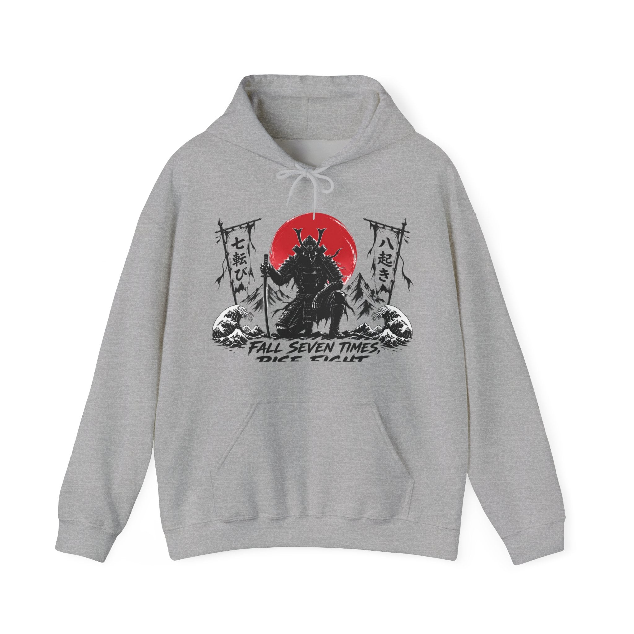 Hoodie — Samurai Wolf Graphic "Fall Seven Times, Rise Eight" Japanese Sunrise