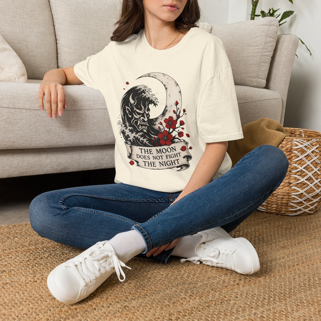 Moon & Wave Graphic T-Shirt — “The Moon Does Not Fight The Night” Inspirational Tee