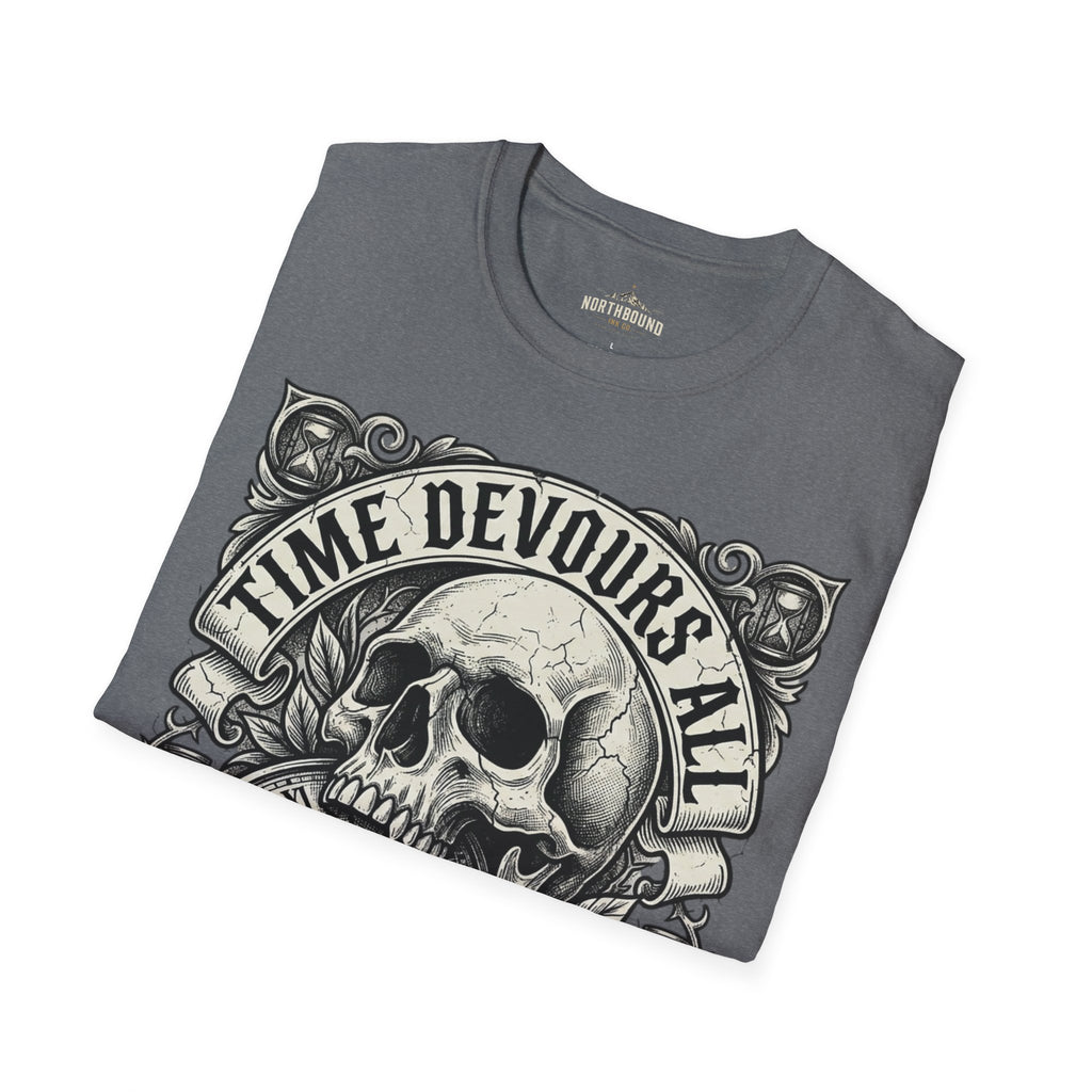 Time Devours All Skull T-Shirt – Vintage Gothic Skull & Pocket Watch Tee