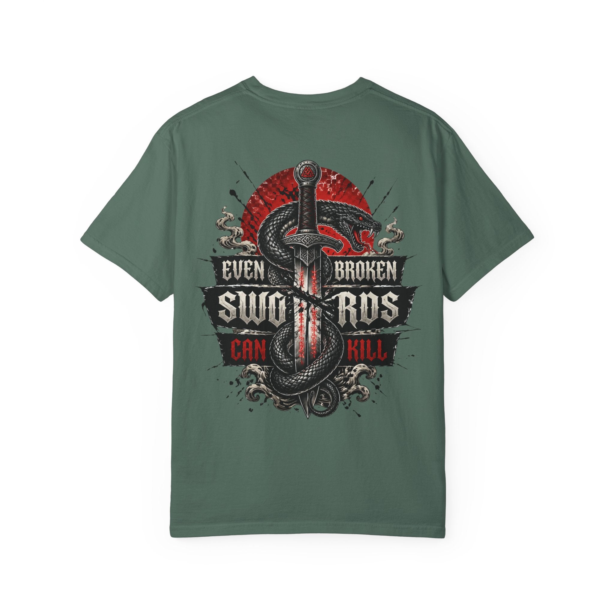 Graphic T-Shirt — "Even Broken Swords Can Kill" Snake & Dagger Back Print