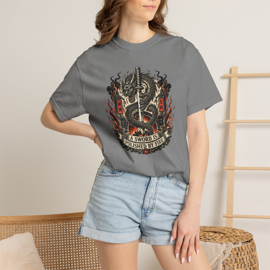 Sword & Flame Graphic T-Shirt — "A Sword Is Polished By Fire"