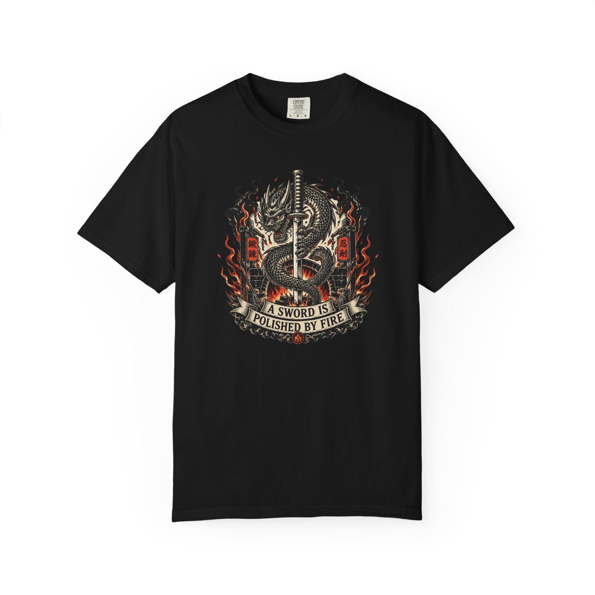 Sword & Flame Graphic T-Shirt — "A Sword Is Polished By Fire"